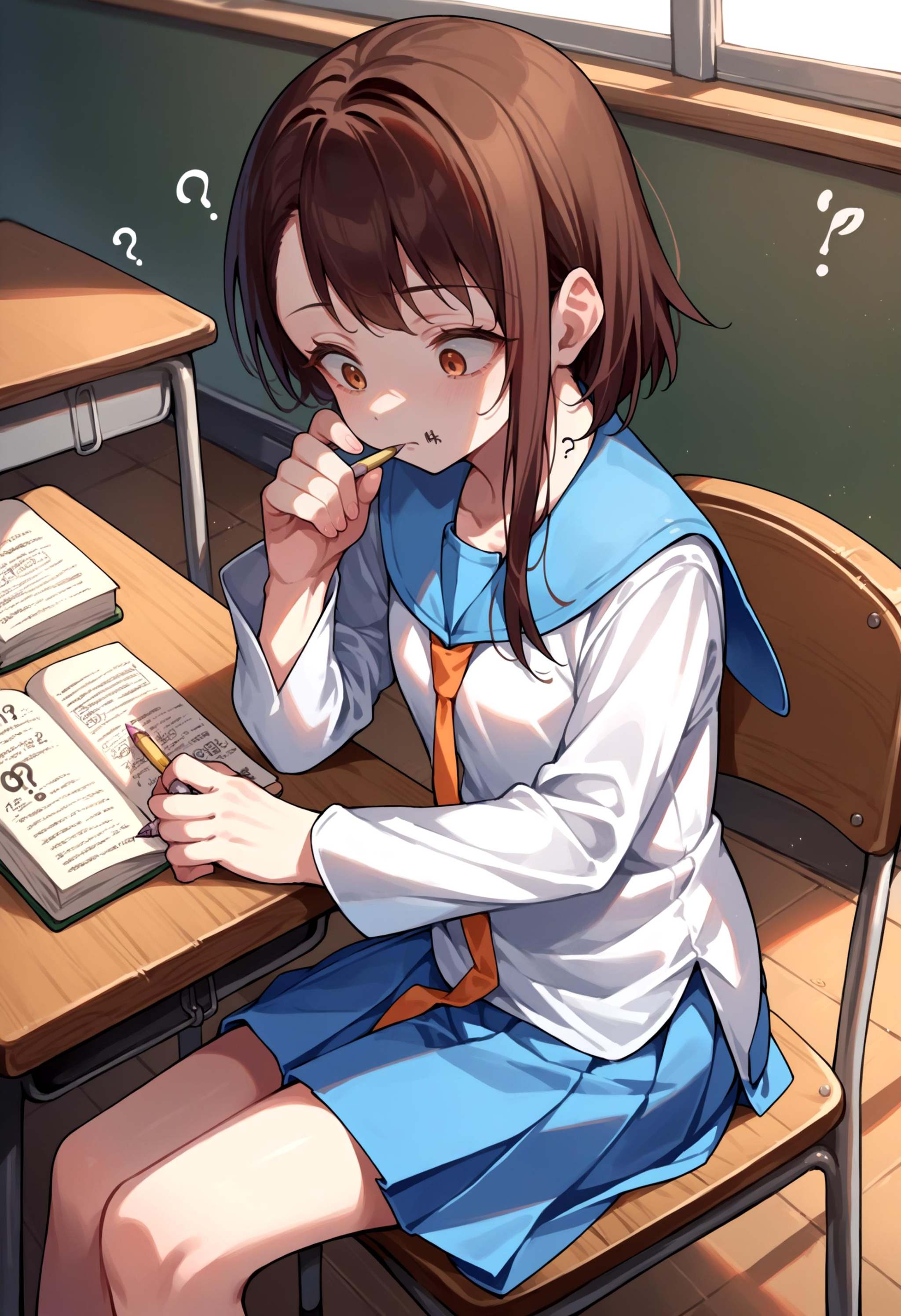 score_9, score_8_up, score_7_up, source_anime, 1girl, solo, OnoderaKosaki, <lora:OnoderaKosaki_XLPD:1>, school uniform, serafuku, blue skirt, pleated skirt, blue sailor collar, white shirt, school, table, chair, book, pencil, sitting, writing,  thinking, ?, !?,
