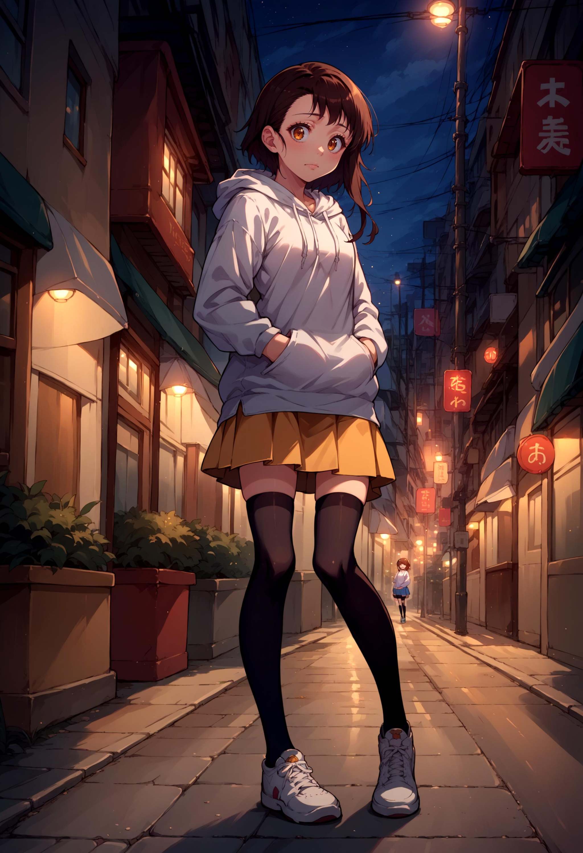 score_9, score_8_up, score_7_up, source_anime, 1girl, solo, OnoderaKosaki, <lora:OnoderaKosaki_XLPD:1>, white hoodie, outdoors, night, street, lamppost, hands in pockets, full body, black thighhighs, shoes, skirt, 