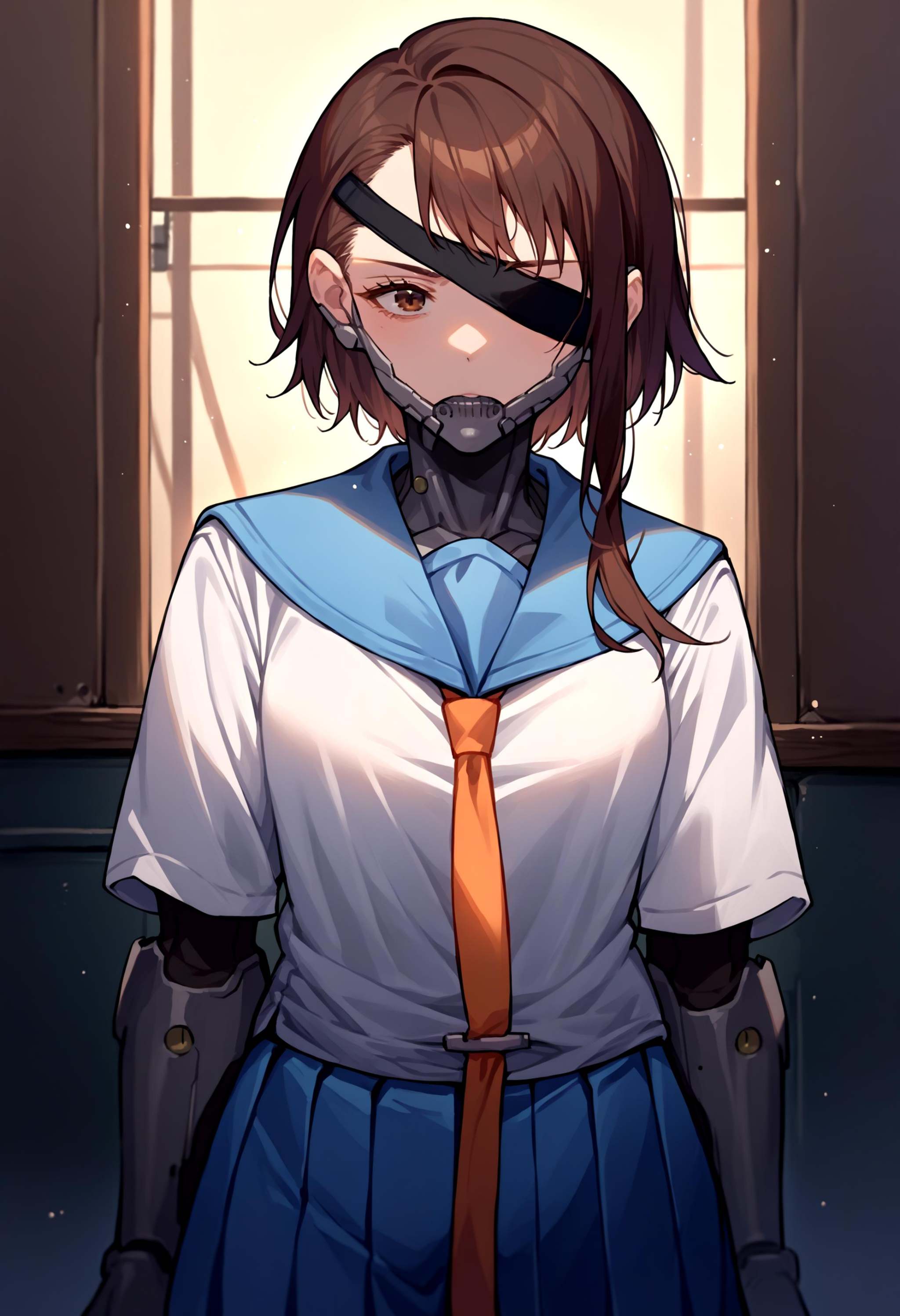 score_9, score_8_up, score_7_up, source_anime, 1girl, solo, OnoderaKosaki, <lora:OnoderaKosaki_XLPD:1>, school uniform, serafuku, blue skirt, pleated skirt, blue sailor collar, white shirt, <lora:RaidenMGR_XLPD:0.9>, raidendef, bodysuit, cyborg, eyepatch, brown eyes, 