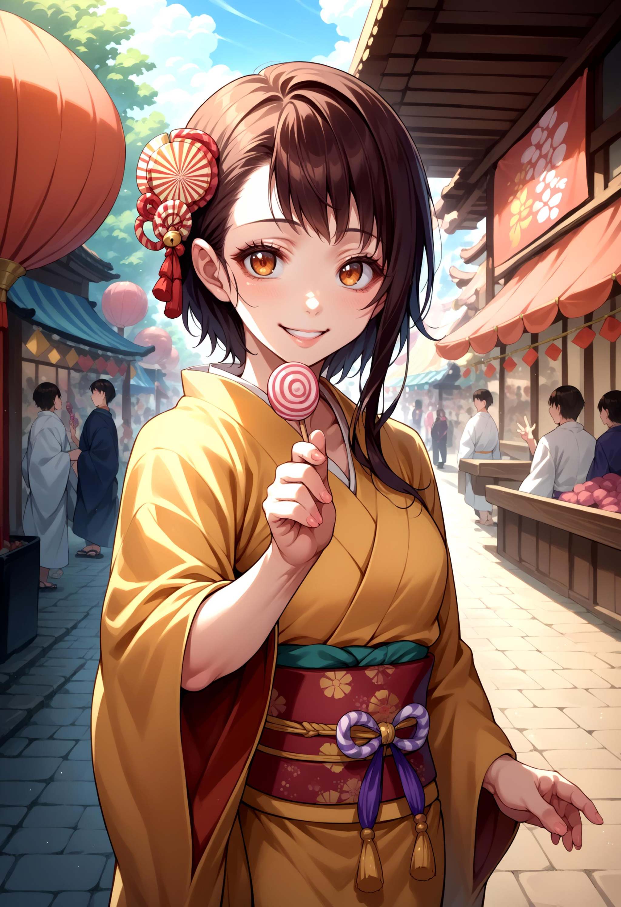 score_9, score_8_up, score_7_up, source_anime, 1girl, solo, OnoderaKosaki, <lora:OnoderaKosaki_XLPD:1>, kimono, festival, candy, seductive smile, reaching towards viewer, holding candy, 