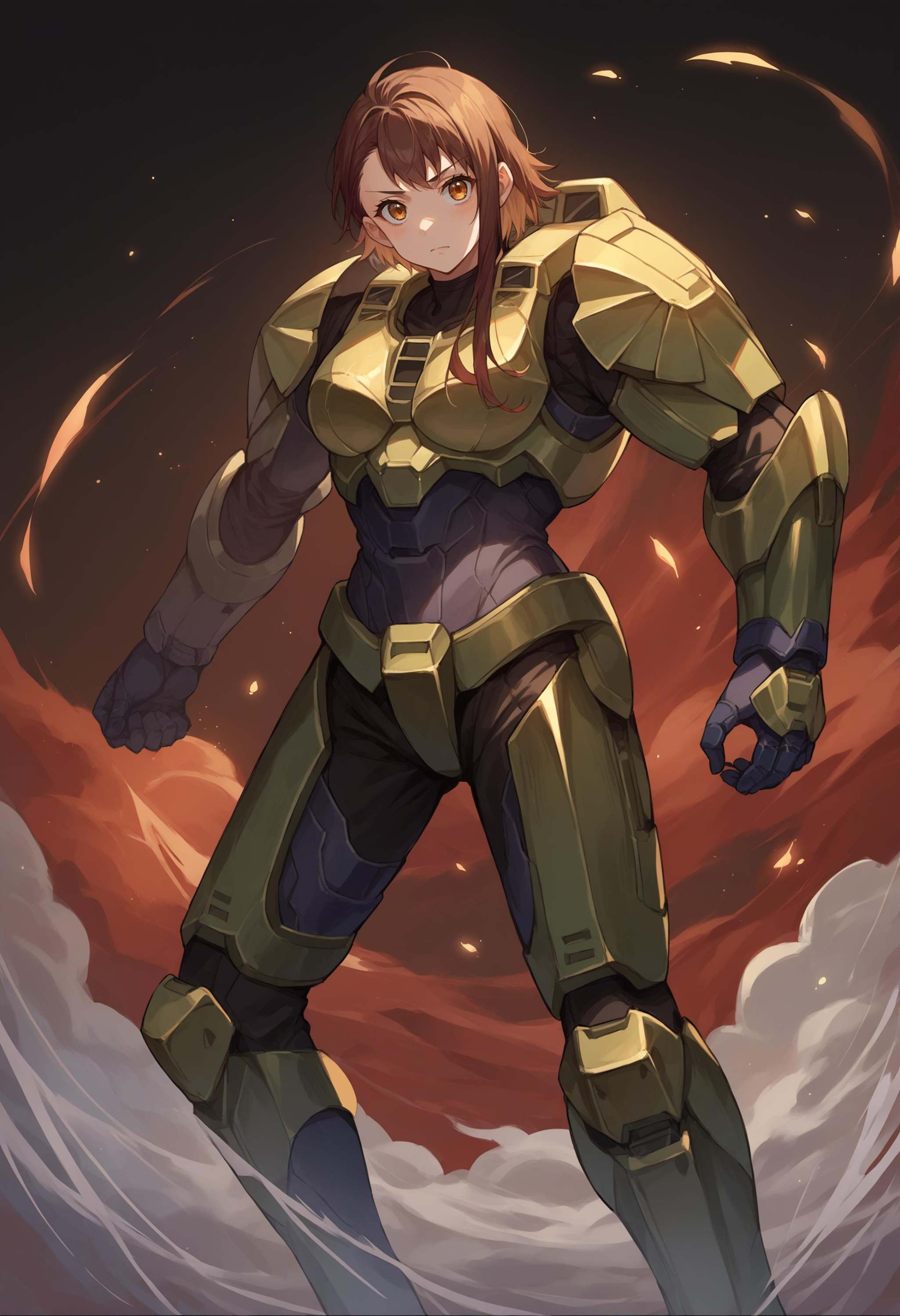 score_9, score_8_up, score_7_up, source_anime, 1girl, solo, OnoderaKosaki, <lora:OnoderaKosaki_XLPD:1>, <lora:masterchief-halo-richy-v1_pdxl:0.8> masterchief, power armor