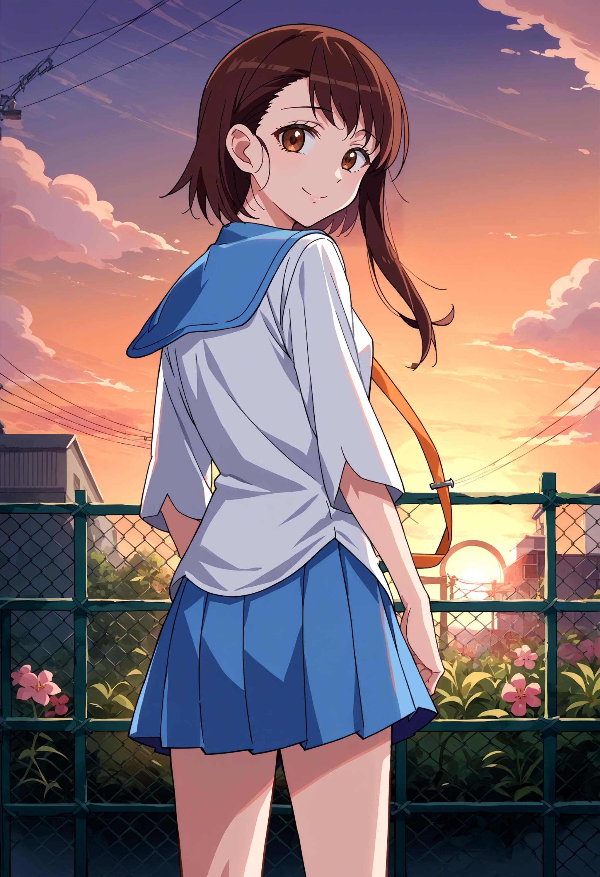 score_9, score_8_up, score_7_up, source_anime, 1girl, solo, OnoderaKosaki, <lora:OnoderaKosaki_XLPD:1>, school uniform, serafuku, blue skirt, pleated skirt, blue sailor collar, white shirt, from behind, looking at viewer, sunset, flower, seductive smile, iron fence, anime screencap, 