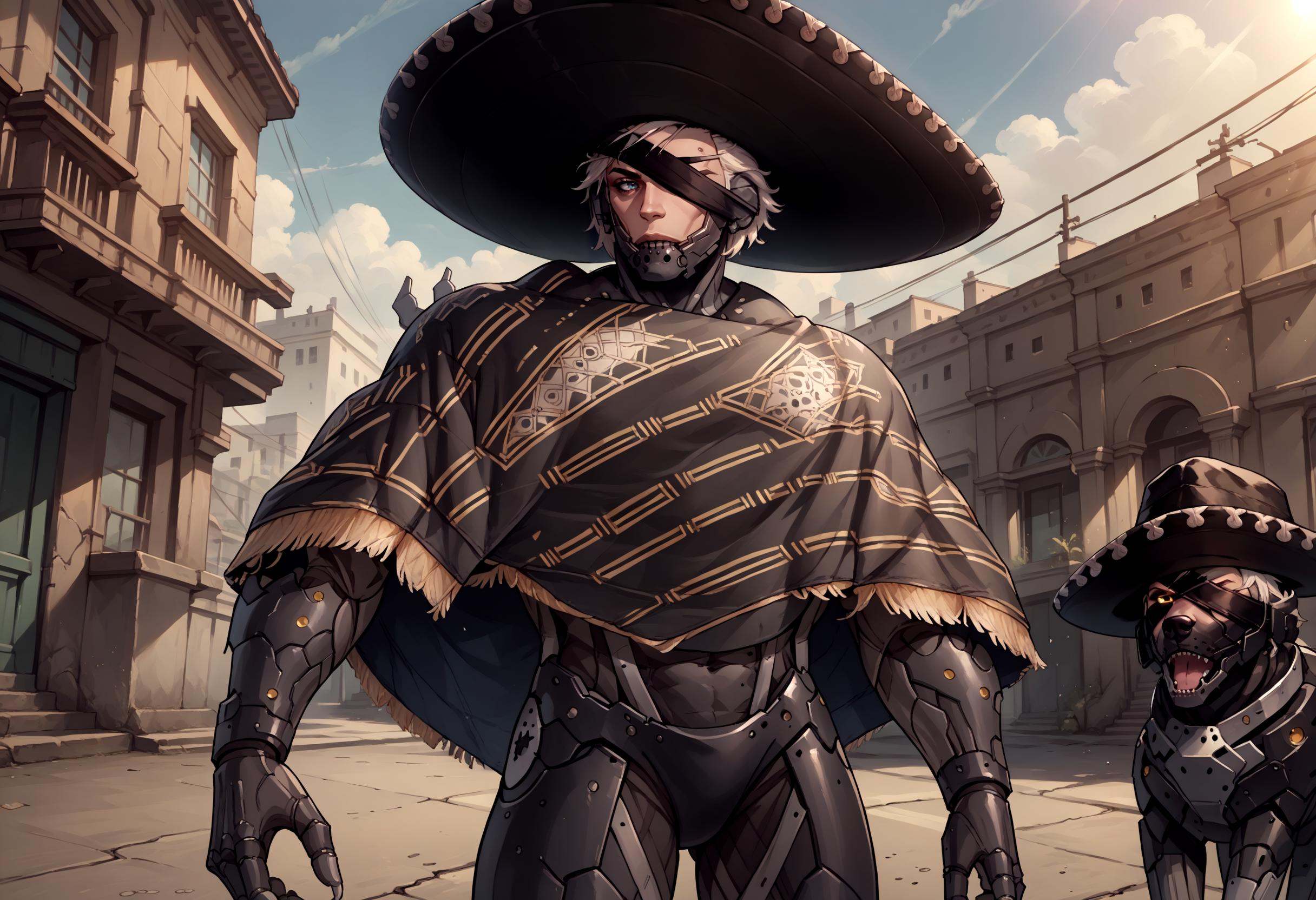 score_9, score_8_up, score_7_up, source_anime, 1boy, RaidenMGRSombrero, hat, <lora:RaidenMGR_XLPD:1>, cyborg, bodysuit, eyepatch, white hair, dog, mechanical dog,