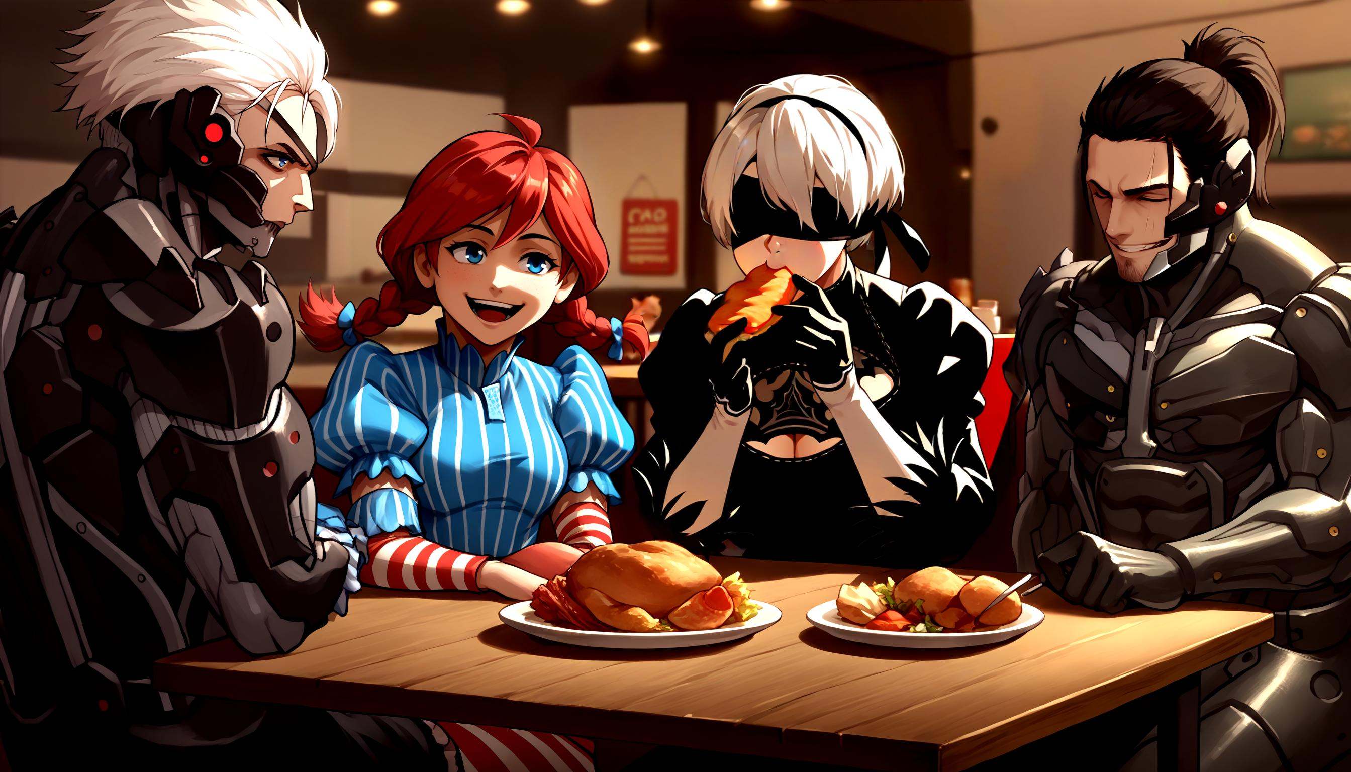 score_9, score_8_up, score_7_up, source_anime, indoors, table, restaurant, kfc, chicken \(food\), sitting, 4people, around table,BREAK 1boy, RaidenMGRDef, <lora:RaidenMGR_XLPD-000006:1>, cyborg, bodysuit, eyepatch, expressionless, white hair, BREAK wendy \(wendy's\), wendy's, happy, seductive smile, 1girl, red hair, BREAK 2b \(nier:automata\), nier:automata, 1girl, blindfold, black dress, eating, white hair, large breasts, BREAK 1boy, JetstreamSam, headgear, cyborg, bodysuit, beard, <lora:JetstreamSam_XLPD:0.85>, smirk, laughing, 