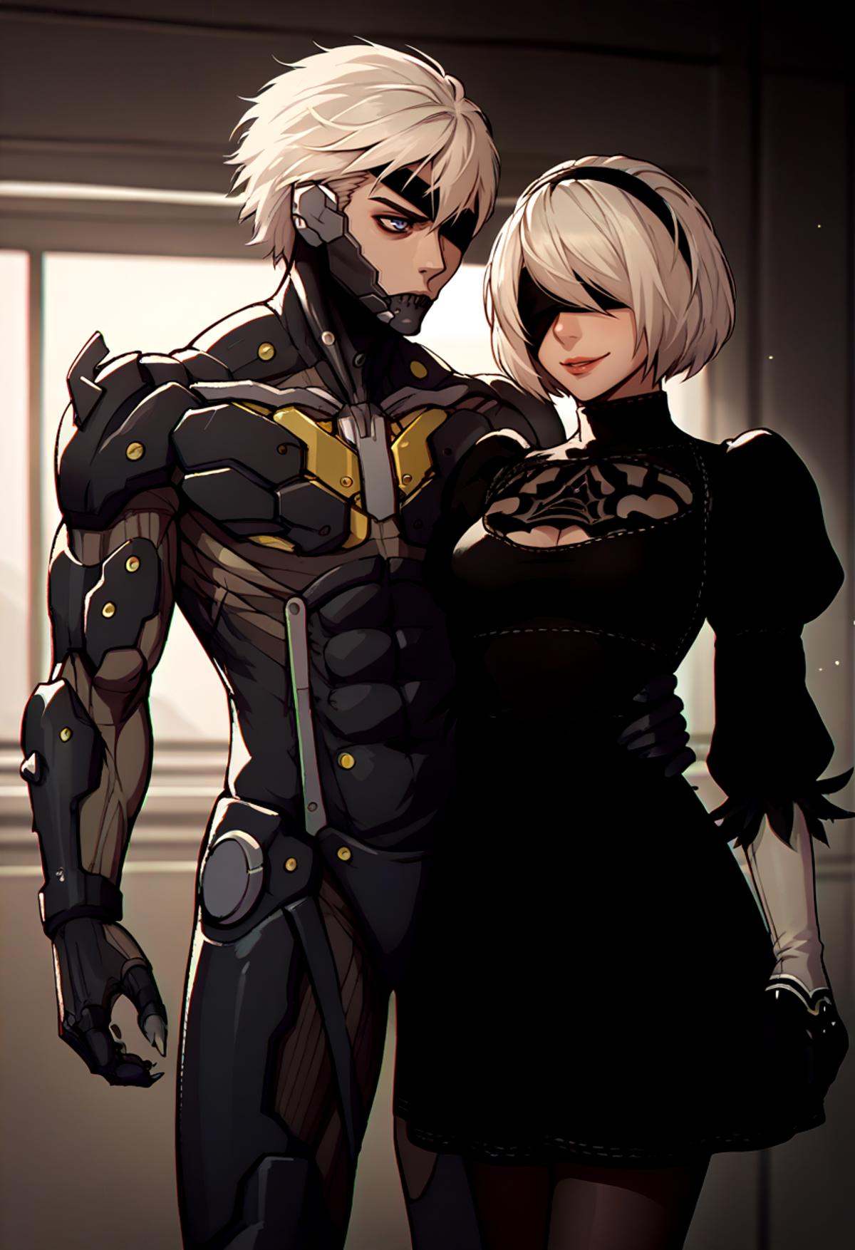 score_9, score_8_up, score_7_up, source_anime, standing, indoors, cowboy shot, looking at another, BREAK 1boy, RaidenMGRDef, <lora:RaidenMGR_XLPD-000006:1>, cyborg, bodysuit, eyepatch, expressionless, BREAK 2b \(nier:automata\), nier:automata, 1girl, blindfold, black dress, seductive smile, 