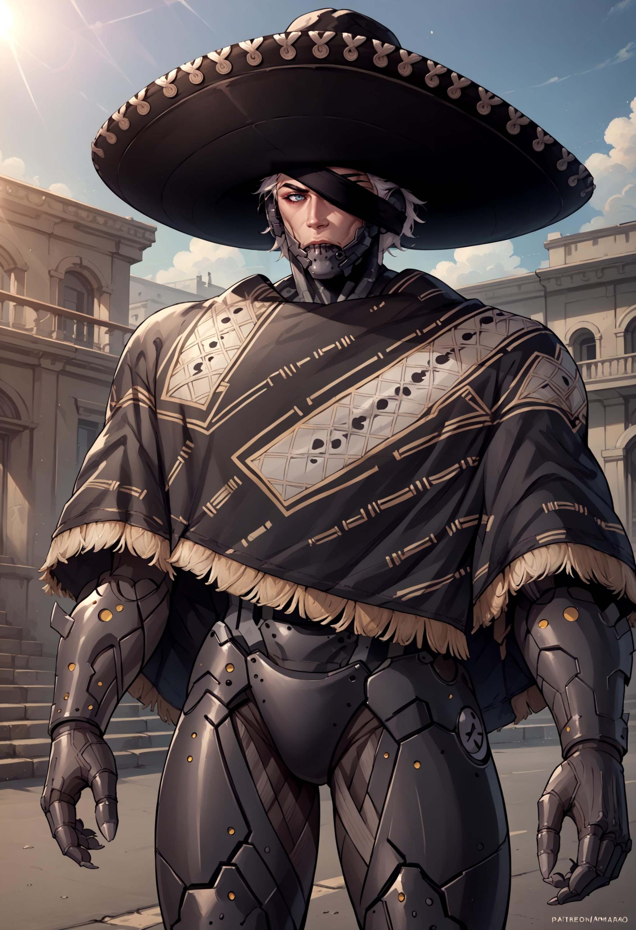 score_9, score_8_up, score_7_up, source_anime, 1boy, RaidenMGRSombrero, hat, <lora:RaidenMGR_XLPD:1>, cyborg, bodysuit, eyepatch, white hair,