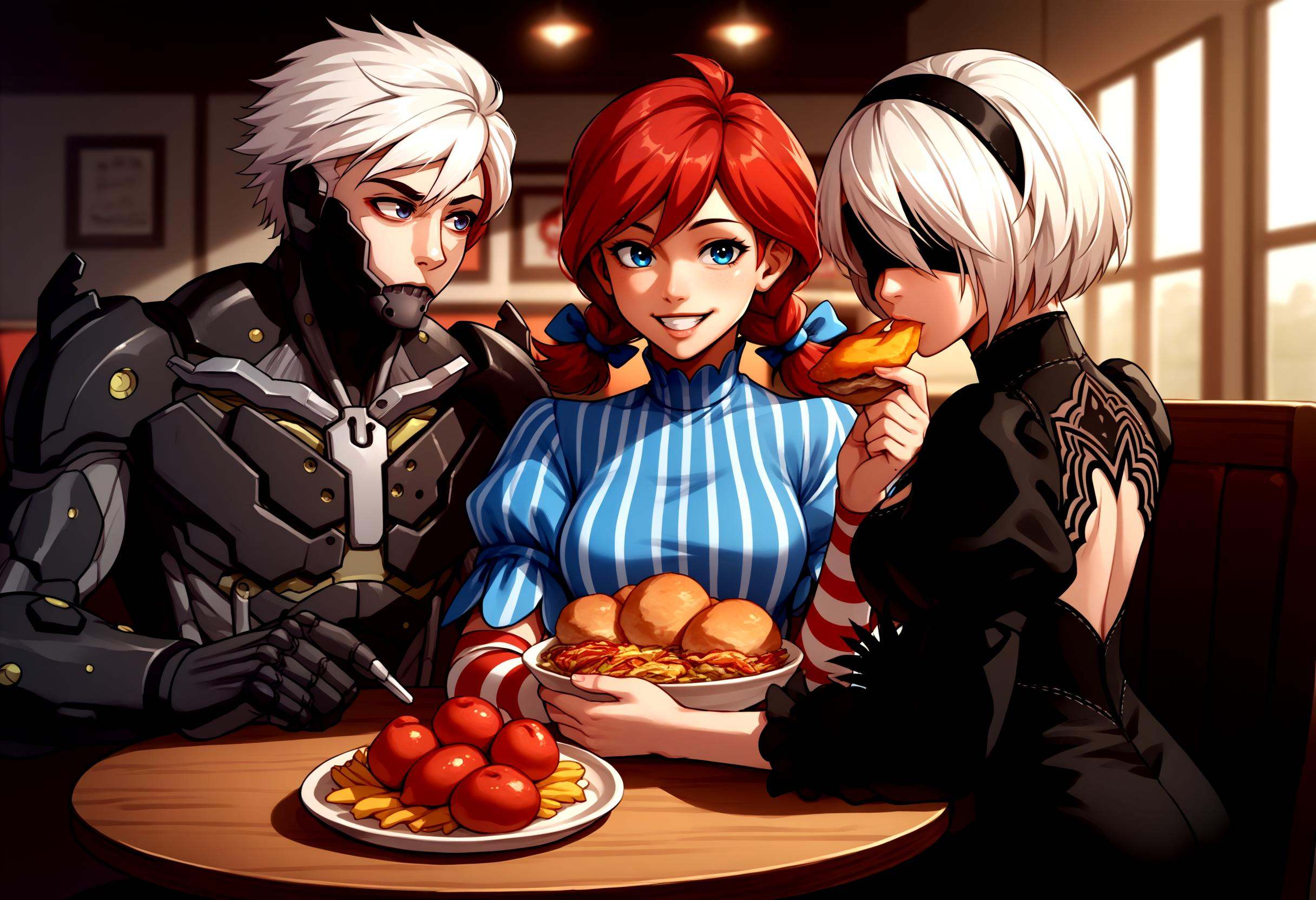 score_9, score_8_up, score_7_up, source_anime, indoors, upper body, table, restaurant, kfc, chicken \(food\), sitting, 3people,BREAK 1boy, RaidenMGRDef, <lora:RaidenMGR_XLPD-000006:1>, cyborg, bodysuit, eyepatch, expressionless, BREAK wendy \(wendy's\), wendy's, happy, seductive smile, 2girls, BREAK 2b \(nier:automata\), nier:automata, 2girls, blindfold, black dress, eating, 