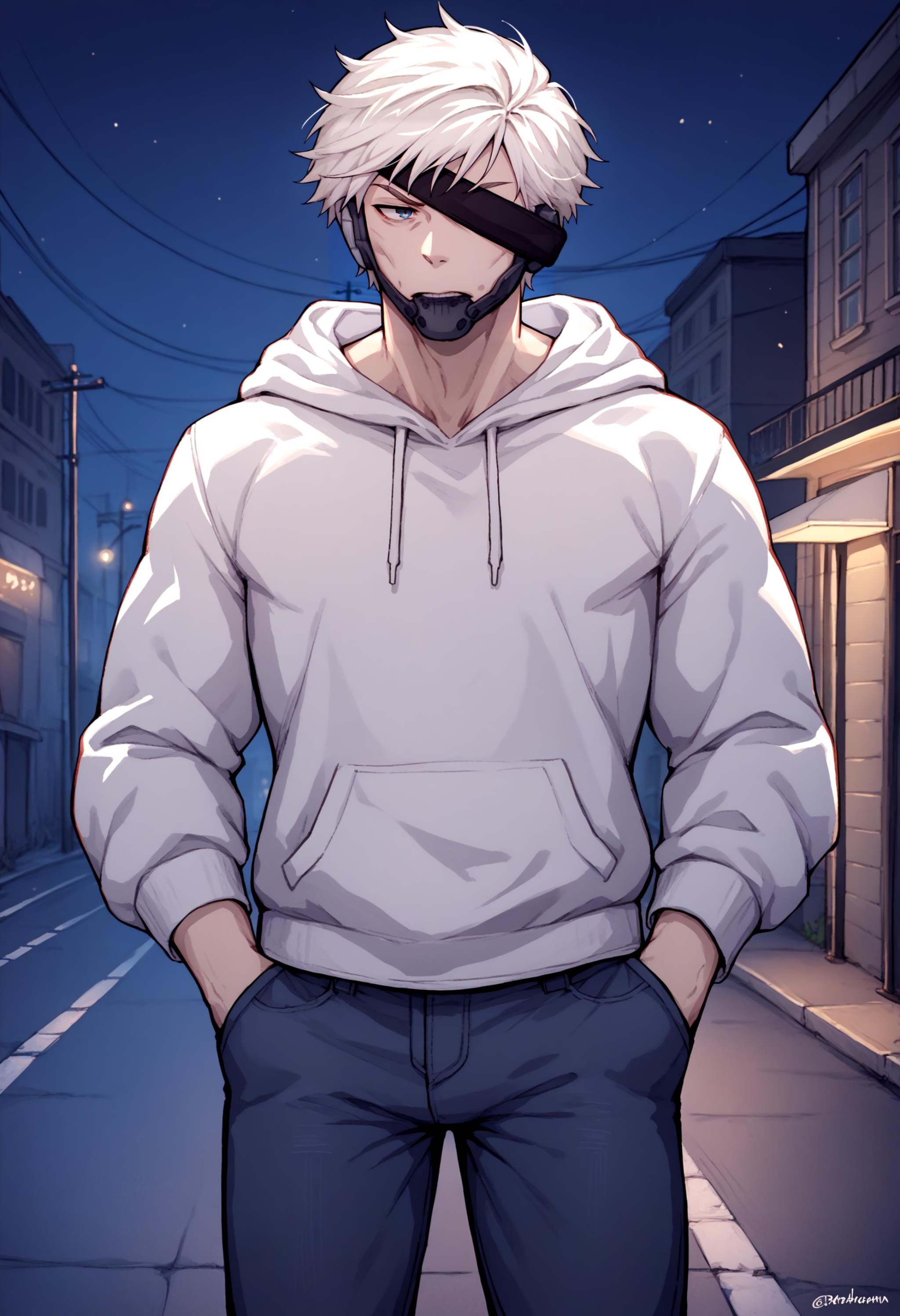 score_9, score_8_up, score_7_up, source_anime, 1boy, RaidenMGRDef, <lora:RaidenMGR_XLPD:1>, eyepatch, outdoors, night, white hoodie, black jeans, hands in pockets, street,
