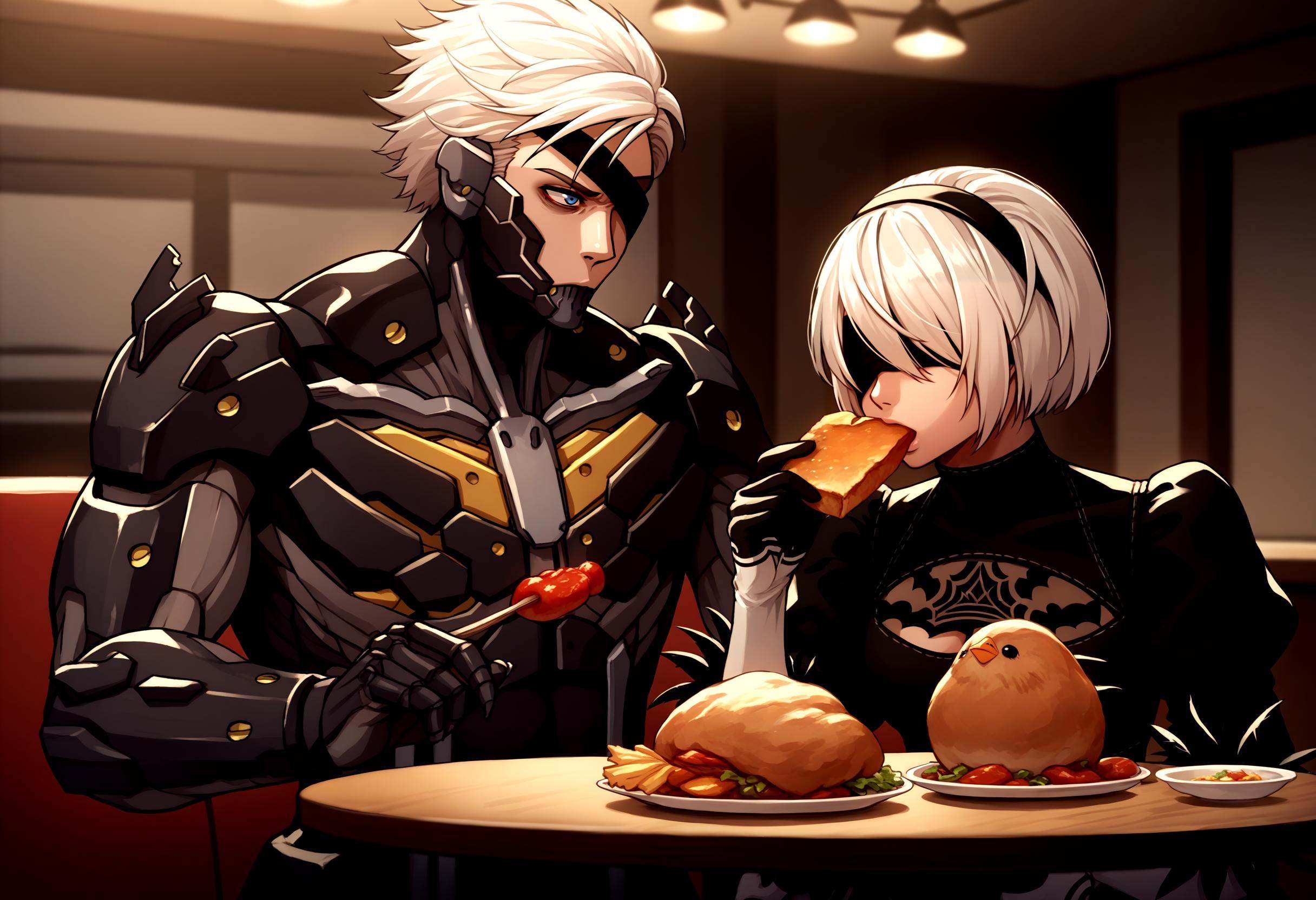 score_9, score_8_up, score_7_up, source_anime, standing, indoors, upper body, looking at another, table, restaurant, kfc, chicken \(food\), BREAK 1boy, RaidenMGRDef, <lora:RaidenMGR_XLPD-000006:1>, cyborg, bodysuit, eyepatch, expressionless, BREAK 2b \(nier:automata\), nier:automata, 1girl, blindfold, black dress, eating, 
