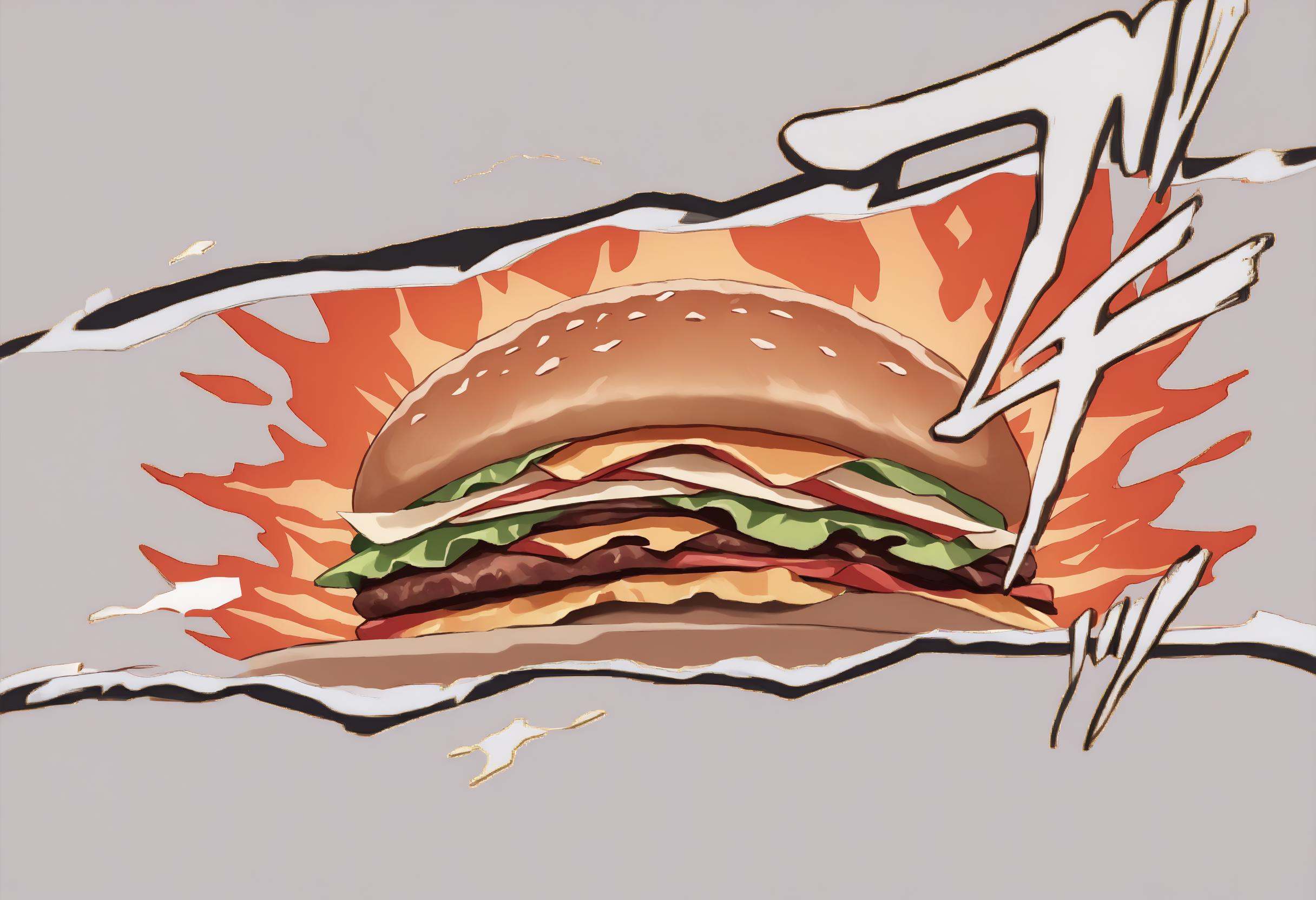 score_9, score_8_up,score_7_up, source_ anime, incrspersonacutinxl, <lora:PersonaCutIn_XLPD_V2:1.1>, burger, fire,