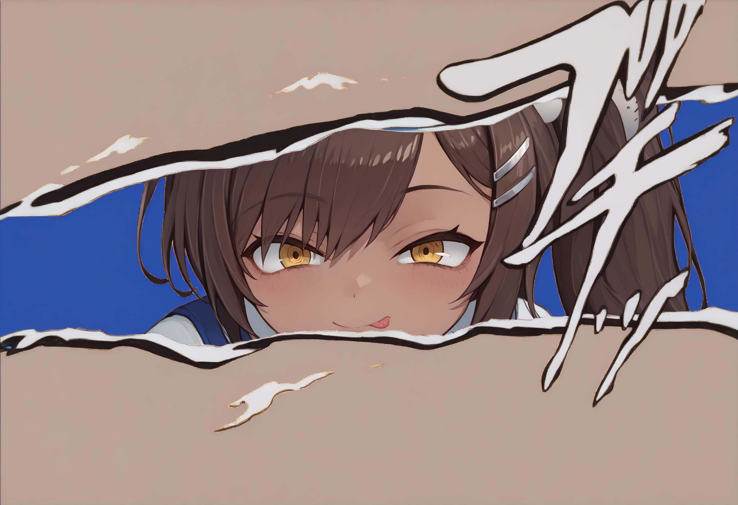 score_9, score_8_up,score_7_up, source_ anime, 1girl, incrspersonacutinxl, <lora:PersonaCutIn_XLPD_V2:1.1>, <lora:Naga-JeloXLv2:1>, jelonaga, brown hair, yellow eyes, tan, jelonaga, tan, brown hair, side ponytail , hair ornament, hairclip, tongue out, seductive smile, blue background, 