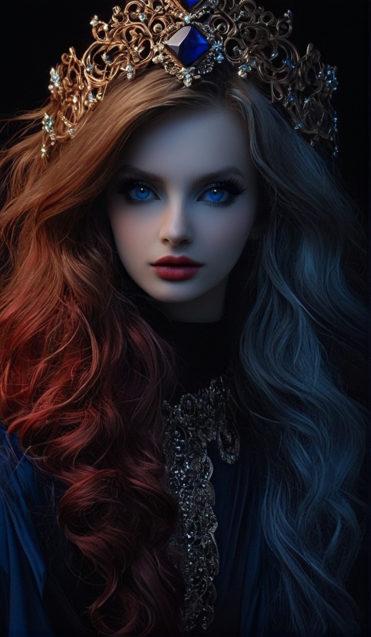 Create an image of an individual with long,  curly hair wearing an ornate headpiece adorned with gemstones that glows agai...