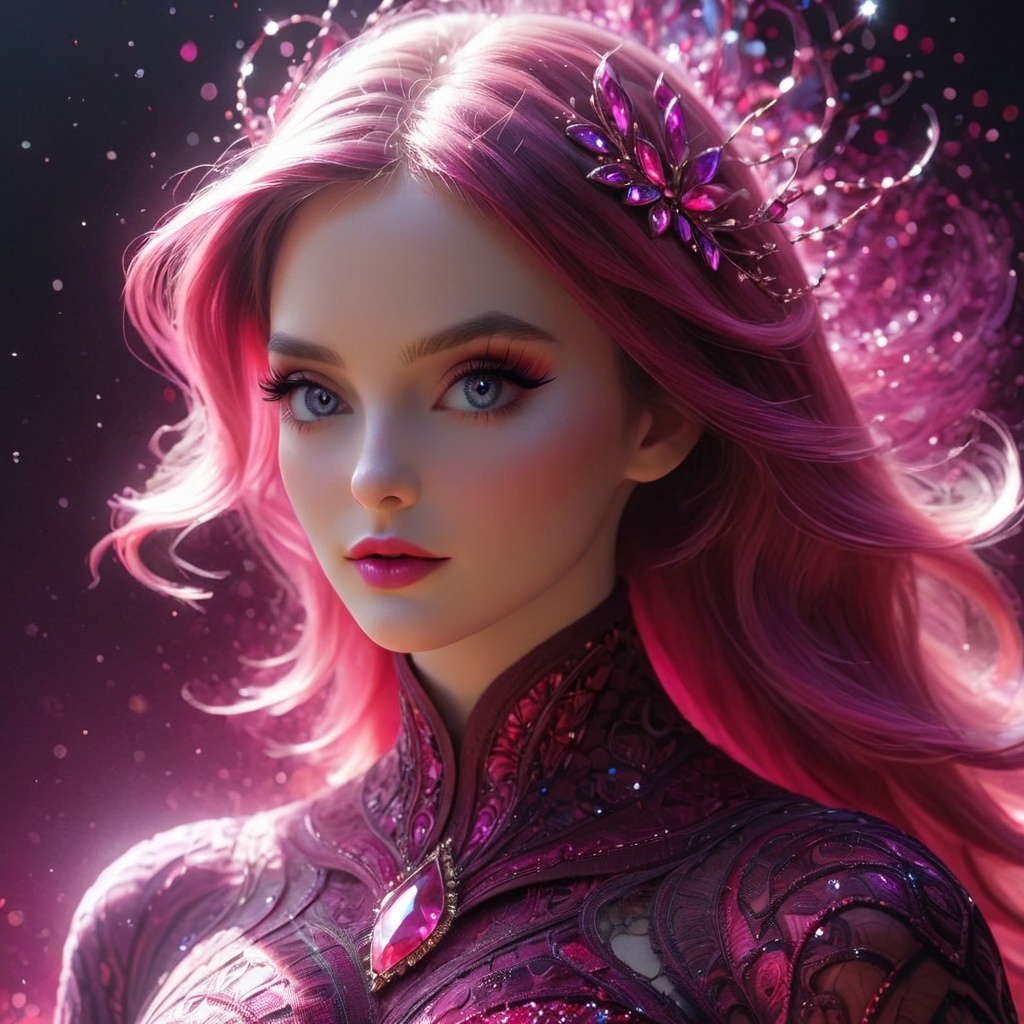 a portrait of a stunning female creature with vibrant hues of crimson and magenta,  reflecting light in intricate patterns...