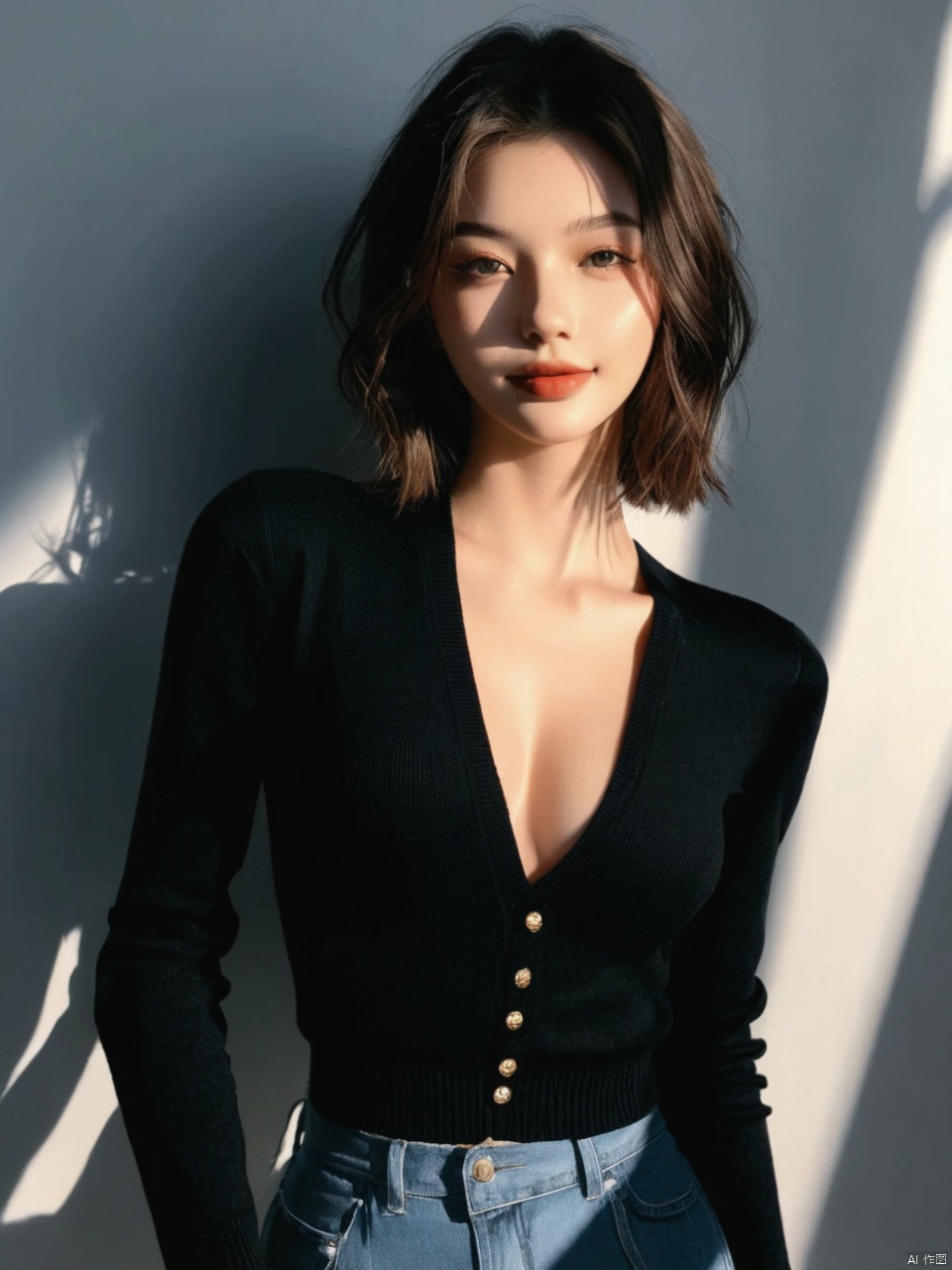 breathtaking instagram photo,  photo of 23 y.o Chloe in black sweater,  cleavage on Tensor.Art