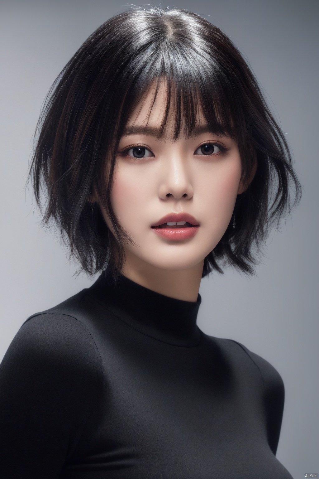  ( Best Quality: 1.2 ), ( Ultra HD: 1.2 ), ( Ultra-High Resolution: 1.2 ), ( CG Rendering: 1.2 ), Wallpaper, Masterpiece, ( 36K HD: 1.2 ), ( Extra Detail: 1.1 ), Ultra Realistic, ( Detail Realistic Skin Texture: 1.2 ), A girl,, Shut up,Short black hair, half-length photo, black shirt,bangs, 1girl