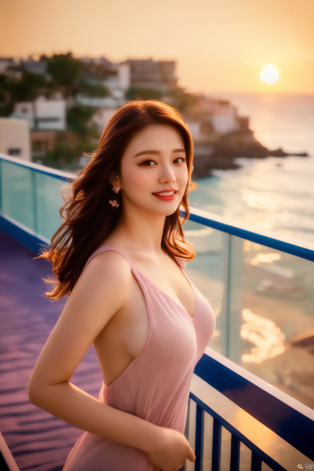 The woman stands on a balcony overlooking the sea, mesmerized by the sunset's warm colors reflecting in her eyes. The gentle breeze carries the scent of saltwater and flowers, creating a tranquil atmosphere. Seagulls glide gracefully in the distance, adding to the picturesque scene. Her expression captures a moment of peaceful admiration for the natural beauty surrounding her beautiful, masterpiece, high quality, very detail face, (big breast:0.7).ultra high resolution,cinematic light, detailed environment(real), motion blur, depth of field, ((perfect body)), (smiling:0.7), ( tilted angle)
, (masterpiece,best quality),1girl