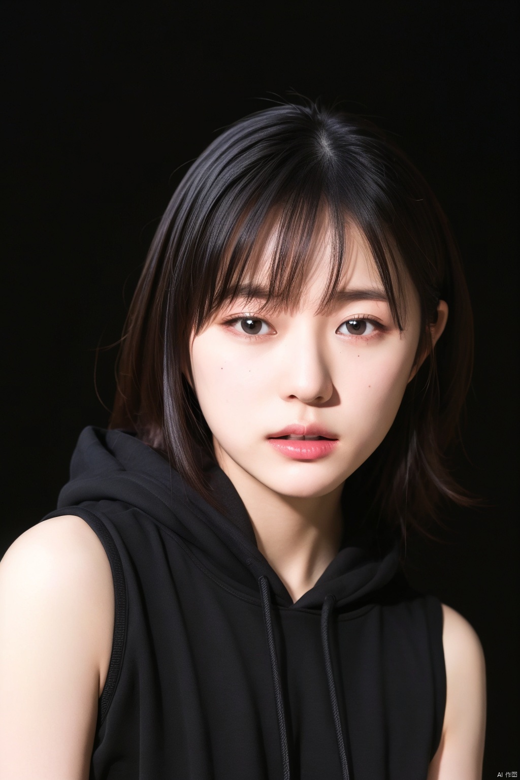 masterpiece,best quality,1girl,solo,realistic,photorealistic,ultra detailed,looking to the viewer,upper body,(black background, simple background),((looking at viewer)), Tsubasa Haduki ,sleeveless_hoodie,