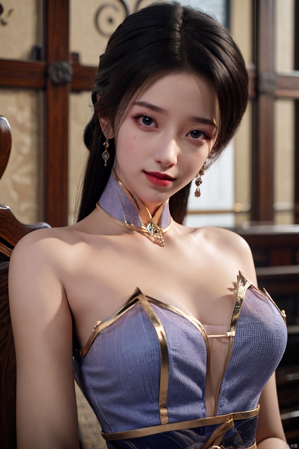 1girl, solo, jewelry, water, hair ornament, forehead mark, earrings, necklace, facial mark, realistic, tube top, looking at viewer, mischevious smile, perfect body, scenery, sharp focus, best quality, masterpiece, detailed outfit, illustration, perfect eyes, finely detailed beautiful anime eyes, realistic skin, intricate details, best lighting, depth of field, ultra high resolution,upper_body, dynamic pose, dynamic angle,Xchengling, ,(big breasts:1.23),hanfu,Xyunxi,Xhuolinger,Xliushen,Xchulingyu,Xchengling,Xliushen,Xyunxi