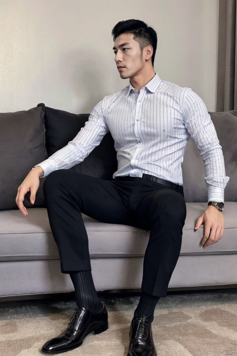 jzns,1man,asian,handsome,shirt,black glossy socks,bulge,vertical stripes, sitting,model pose,couch,full body,masterpiece,realistic,best quality,highly detailed,highres,jmsw,