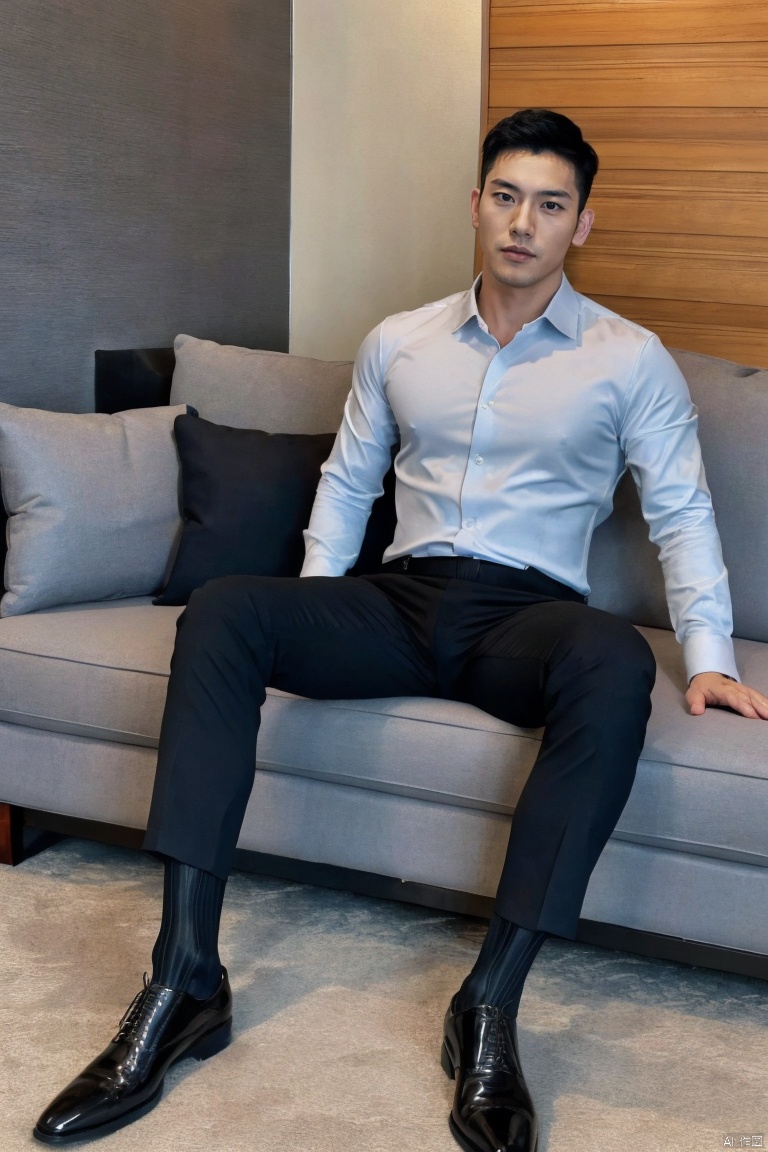 jzns,1man,asian,handsome,shirt,black glossy socks,bulge,muscular,sitting,model pose,couch,full body,(masterpiece,realistic,best quality,highly detailed,highres,colorful),jmsw,