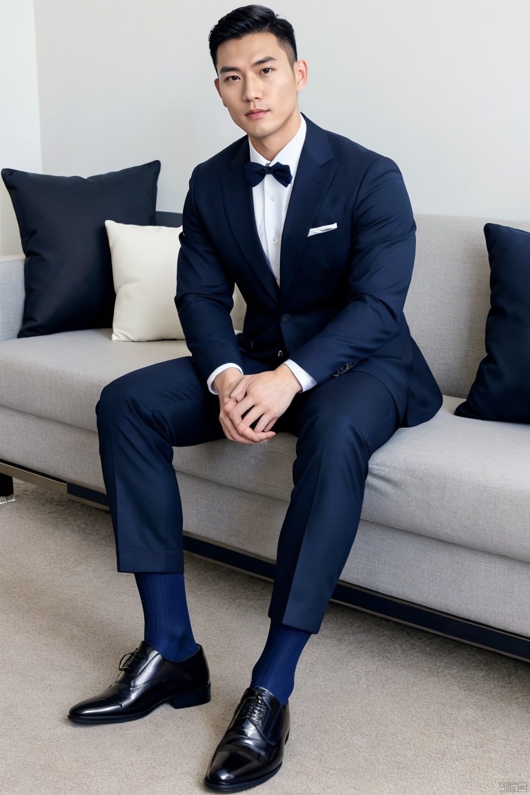 jzns,1man,asian,handsome,suit,shirt,bowtie,navy short pants,black glossy socks,bulge,muscular,sitting,crossed legs,couch,full body,(masterpiece,realistic,best quality,highly detailed,highres),jmsw,yah,ant,brxu