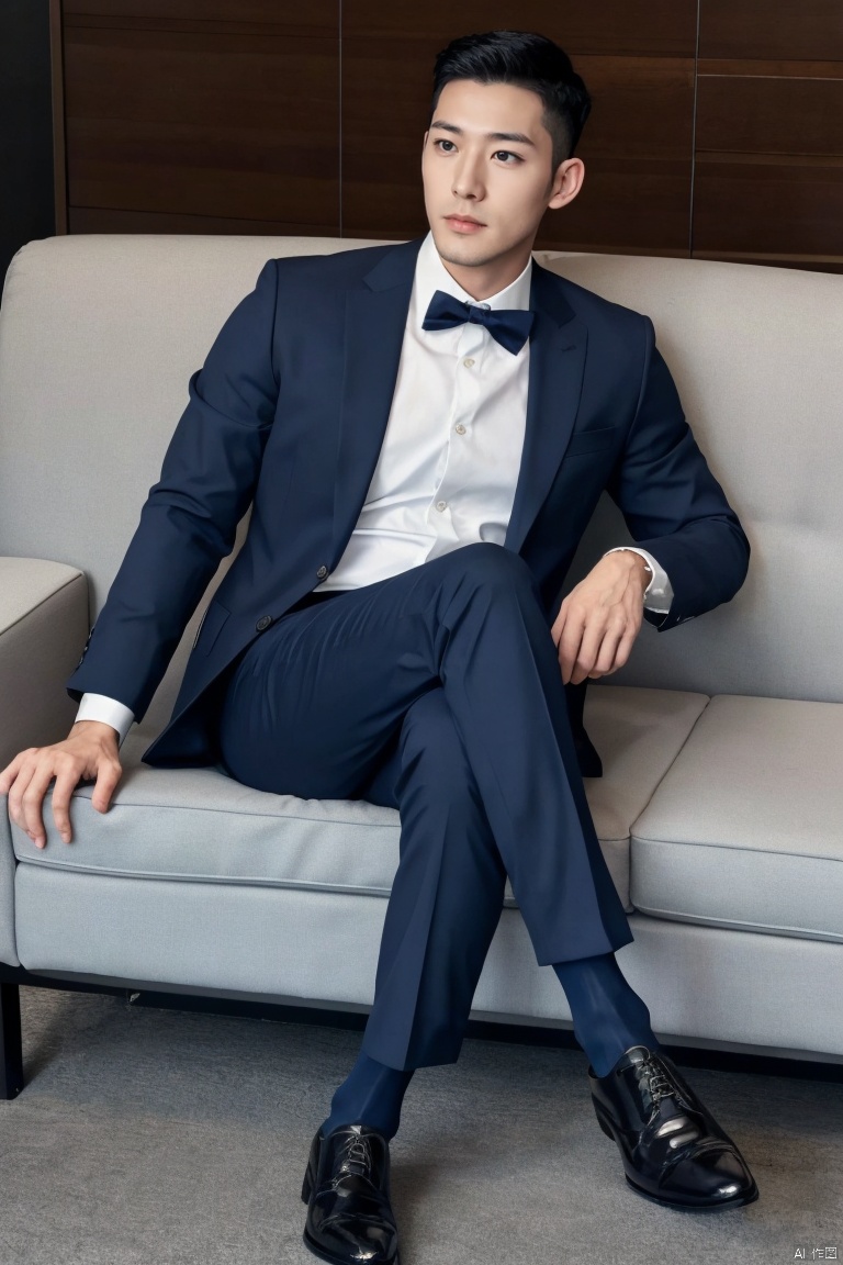 jzns,1man,asian,handsome,suit,shirt,bowtie,navy pants,black glossy socks,bulge,muscular,sitting,crossed legs,couch,full body,(masterpiece,realistic,best quality,highly detailed,highres),jmsw,yah,ant,brxu