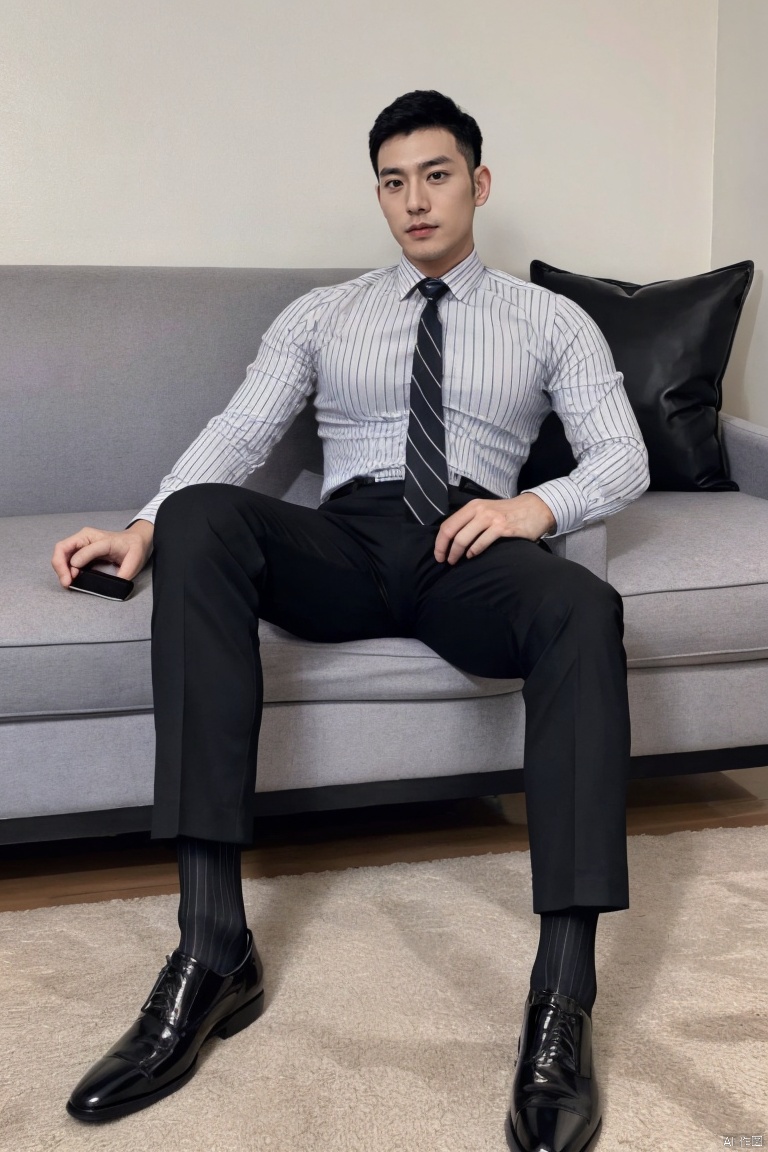 jzns,1man,asian,handsome,shirt,black glossy socks,bulge,vertical stripes, sitting,model pose,couch,full body,masterpiece,realistic,best quality,highly detailed,highres,jmsw,