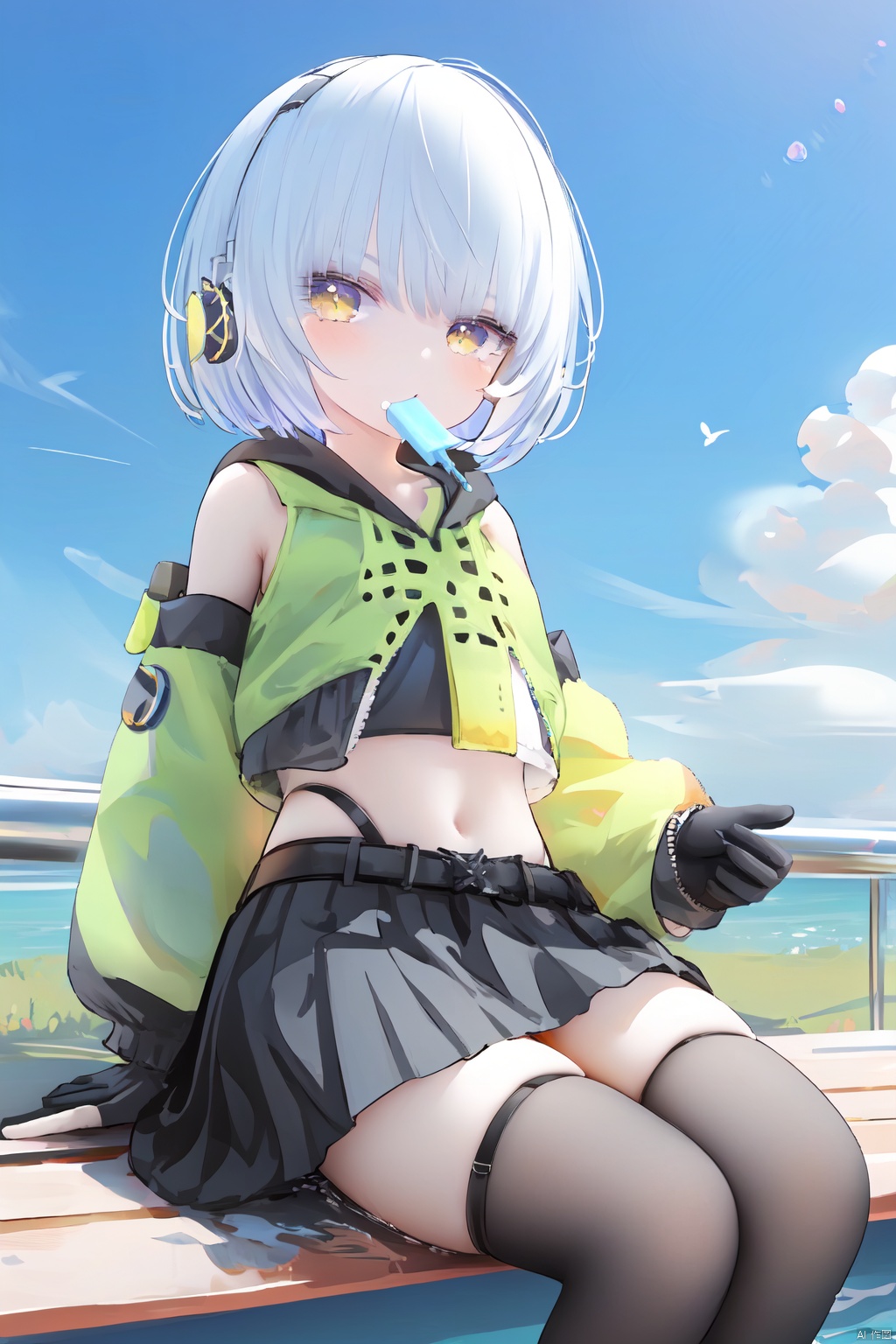 1girl,solo,(masterpiece:1.3),( beautiful:1.2),(high quality:1.2),(finely detailed:1.2),extremely detailed CG unity 8k wallpaper,best quality,a very delicate and beautiful,perfect fingers,(one cute girl at the center:1.2),loli,

1girl, solo, looking at viewer, short hair, bangs, skirt, thighhighs, gloves, long sleeves, navel, sitting, jacket, yellow eyes, white hair, pleated skirt, outdoors, detached sleeves, food, sky, day, black gloves, midriff, belt, artist name, black thighhighs, cloud, miniskirt, fingerless gloves, black skirt, blue sky, zettai ryouiki, crop top, thigh strap, headphones, bob cut, popsicle, food in mouth
