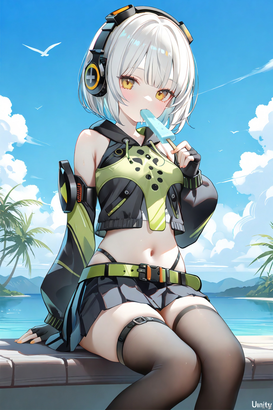 [ningen mame], 1girl,solo,(masterpiece:1.3),( beautiful:1.2),(high quality:1.2),(finely detailed:1.2),extremely detailed CG unity 8k wallpaper,best quality,a very delicate and beautiful,perfect fingers,(one cute girl at the center:1.2),1girl, solo, looking at viewer, short hair, bangs, skirt, thighhighs, gloves, long sleeves, navel, sitting, jacket, yellow eyes, white hair, pleated skirt, outdoors, detached sleeves, food, sky, day, black gloves, midriff, belt, artist name, black thighhighs, cloud, miniskirt, fingerless gloves, black skirt, blue sky, zettai ryouiki, crop top, thigh strap, headphones, bob cut, popsicle, food in mouth,anby