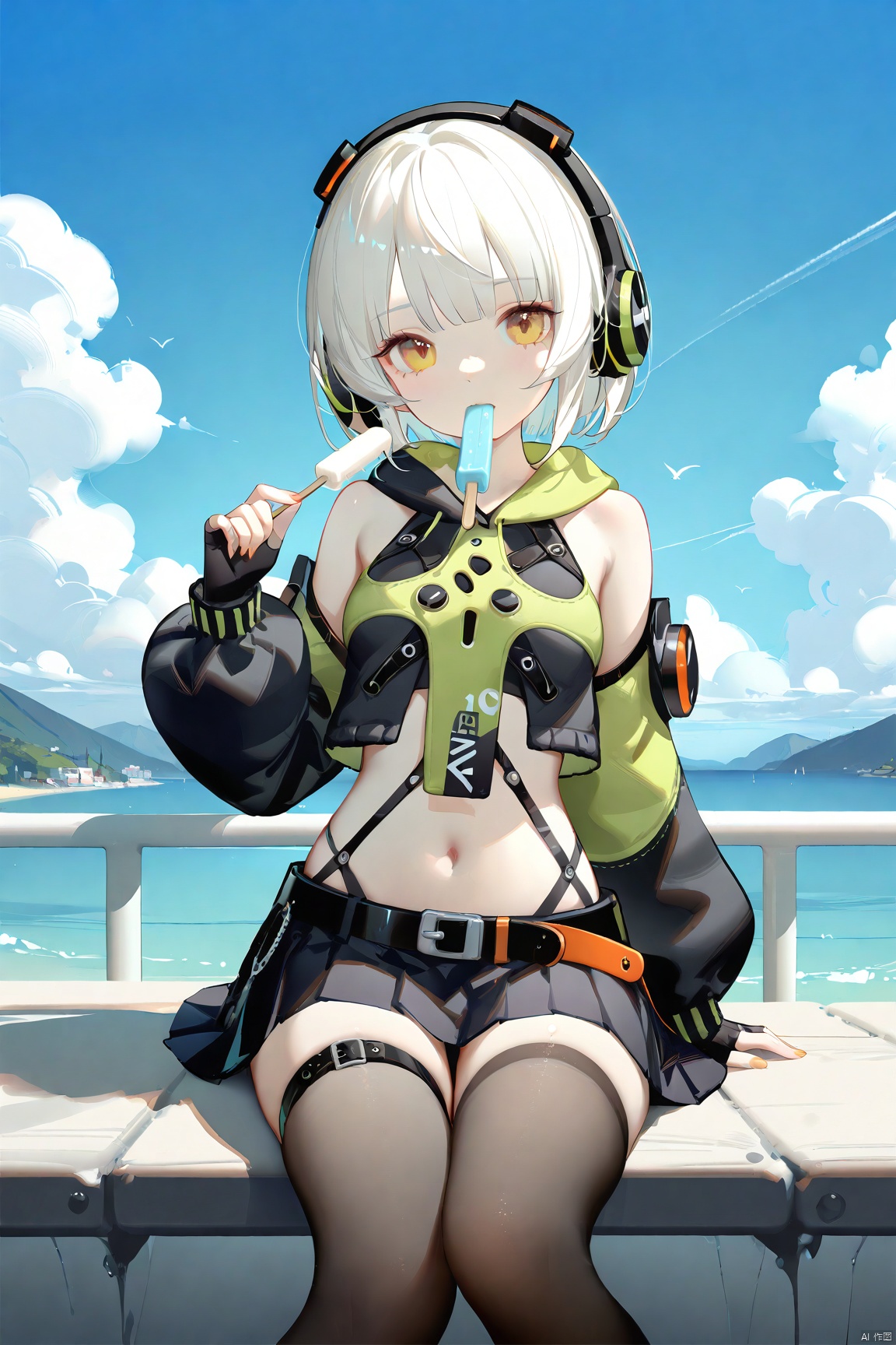 ask_(askzy), 1girl,solo,(masterpiece:1.3),( beautiful:1.2),(high quality:1.2),(finely detailed:1.2),extremely detailed CG unity 8k wallpaper,best quality,a very delicate and beautiful,perfect fingers,(one cute girl at the center:1.2),1girl, solo, looking at viewer, short hair, bangs, skirt, thighhighs, gloves, long sleeves, navel, sitting, jacket, yellow eyes, white hair, pleated skirt, outdoors, detached sleeves, food, sky, day, black gloves, midriff, belt, artist name, black thighhighs, cloud, miniskirt, fingerless gloves, black skirt, blue sky, zettai ryouiki, crop top, thigh strap, headphones, bob cut, popsicle, food in mouth,anby