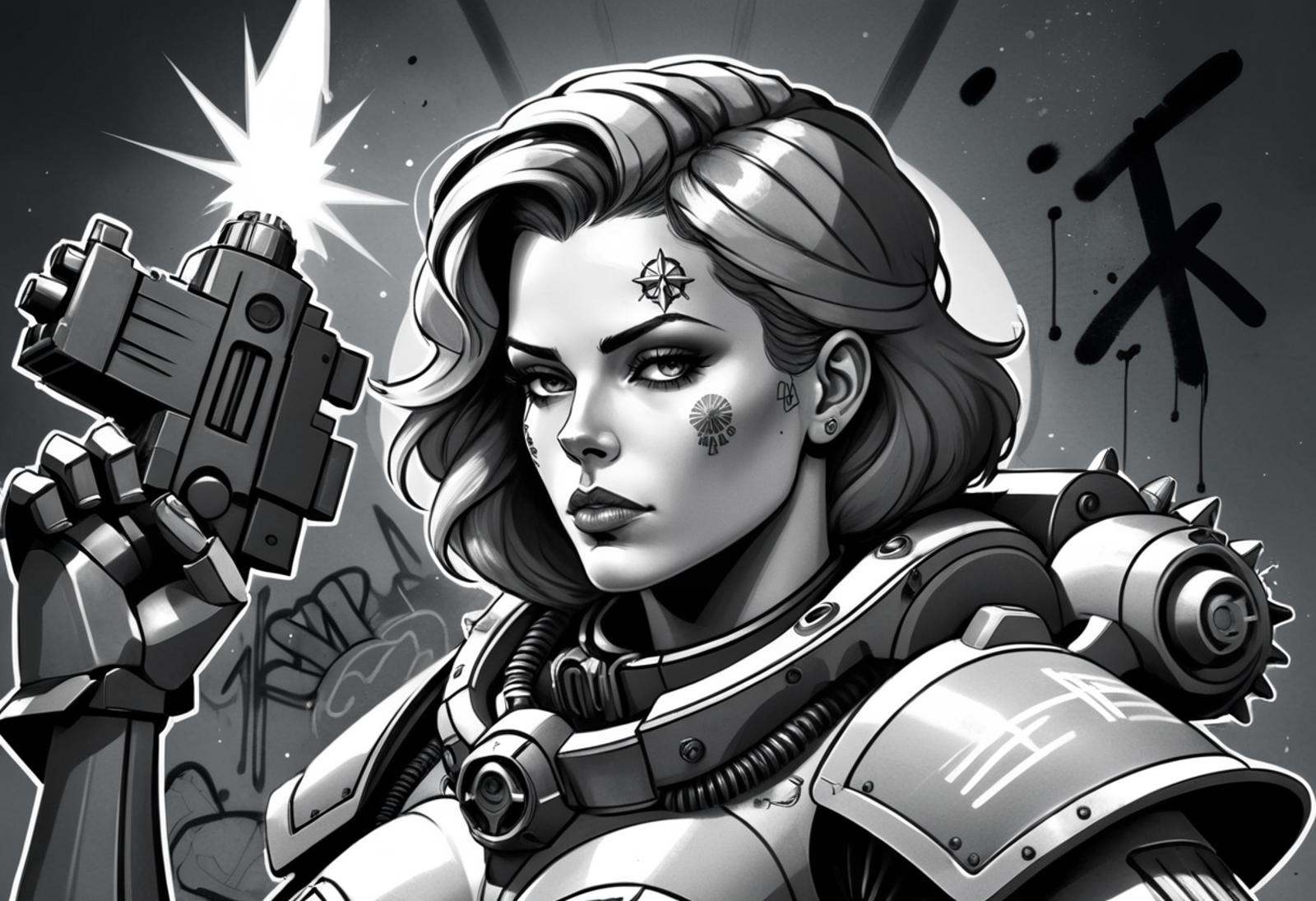 (Digital Illustration),  beautiful Sister of Battle,  Black and white power armor on Tensor.Art
