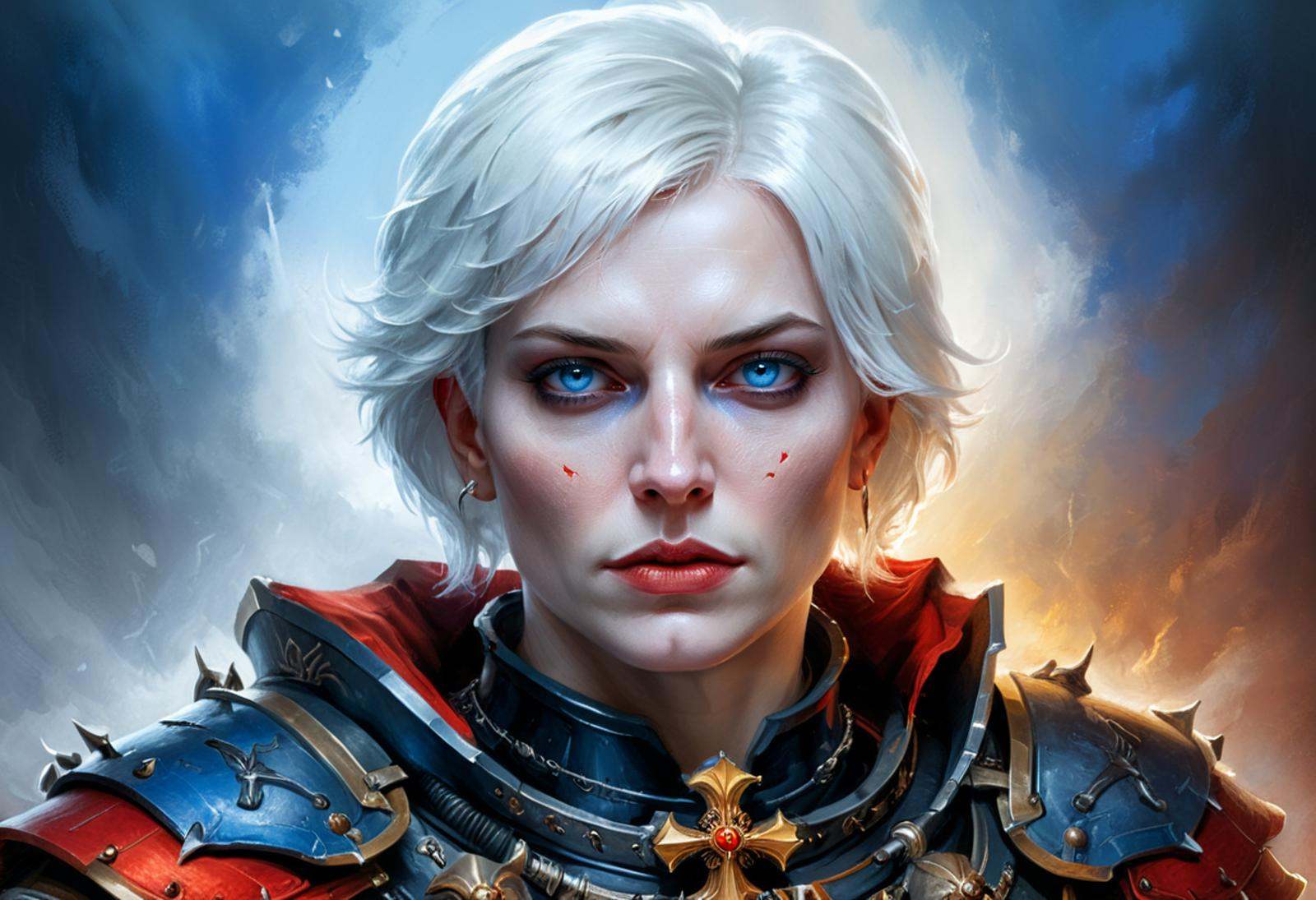 Masterpiece,  digital painting of a beautiful Sister of Battle from the order Our Martyred Lady,  short white hair on Tens...