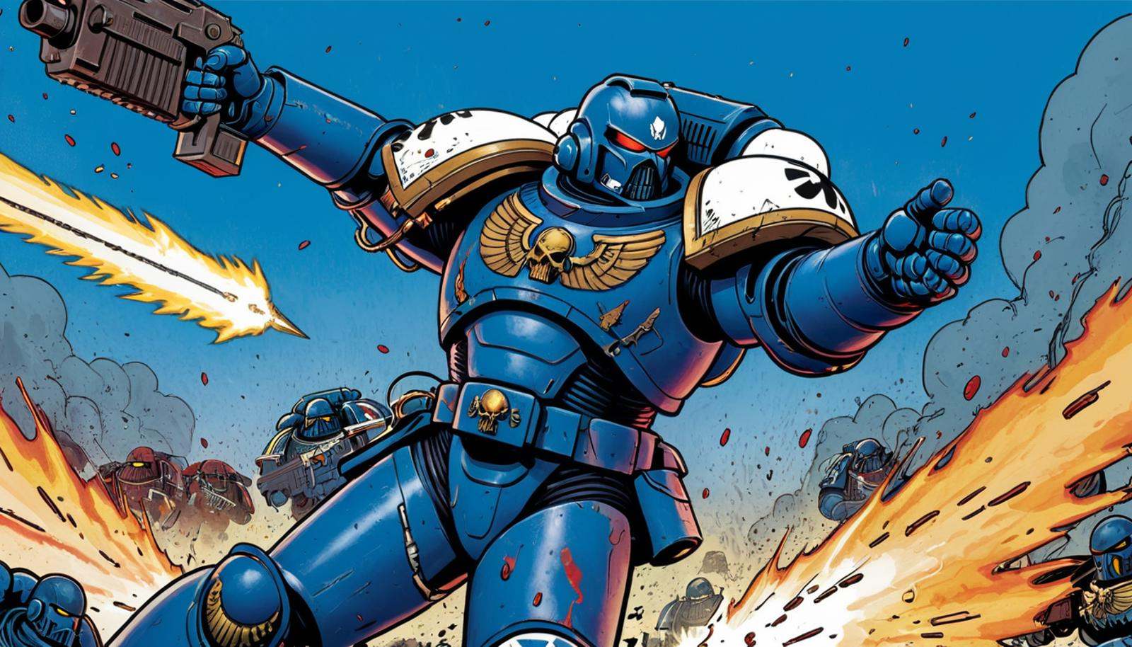 (illustration),  Space Marine from the Ultramarine chapter,  blue power armor on Tensor.Art