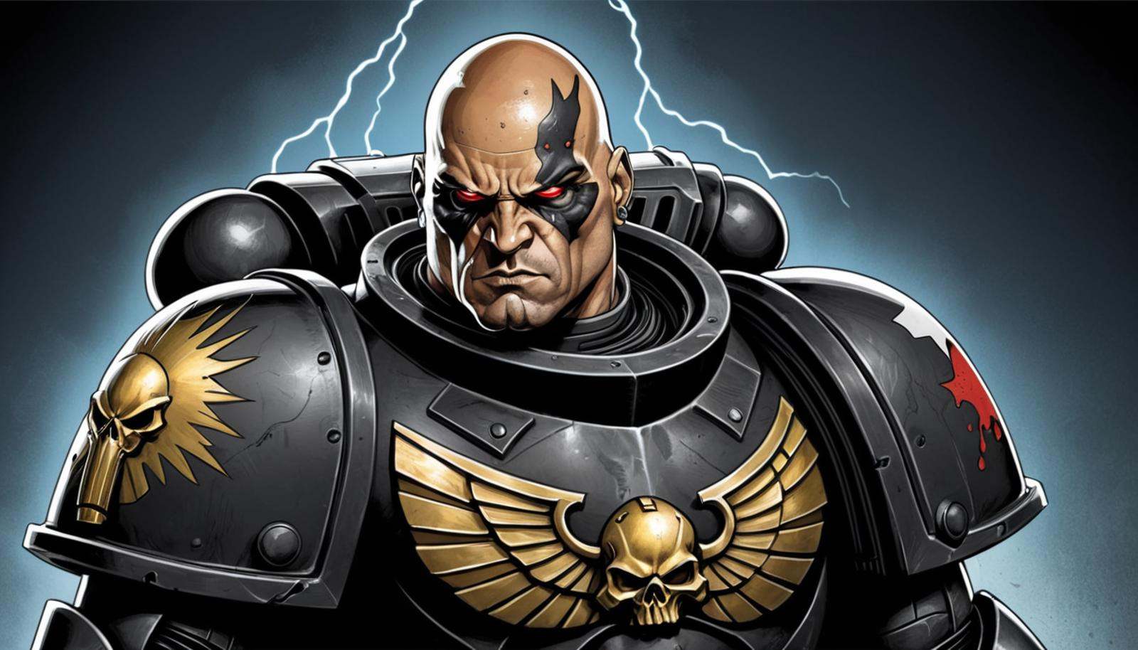 (Digital Illustration),  Carcharodon Ancient from the Carcharodons Space Marine chapter. He is shown from the chest up,  w...