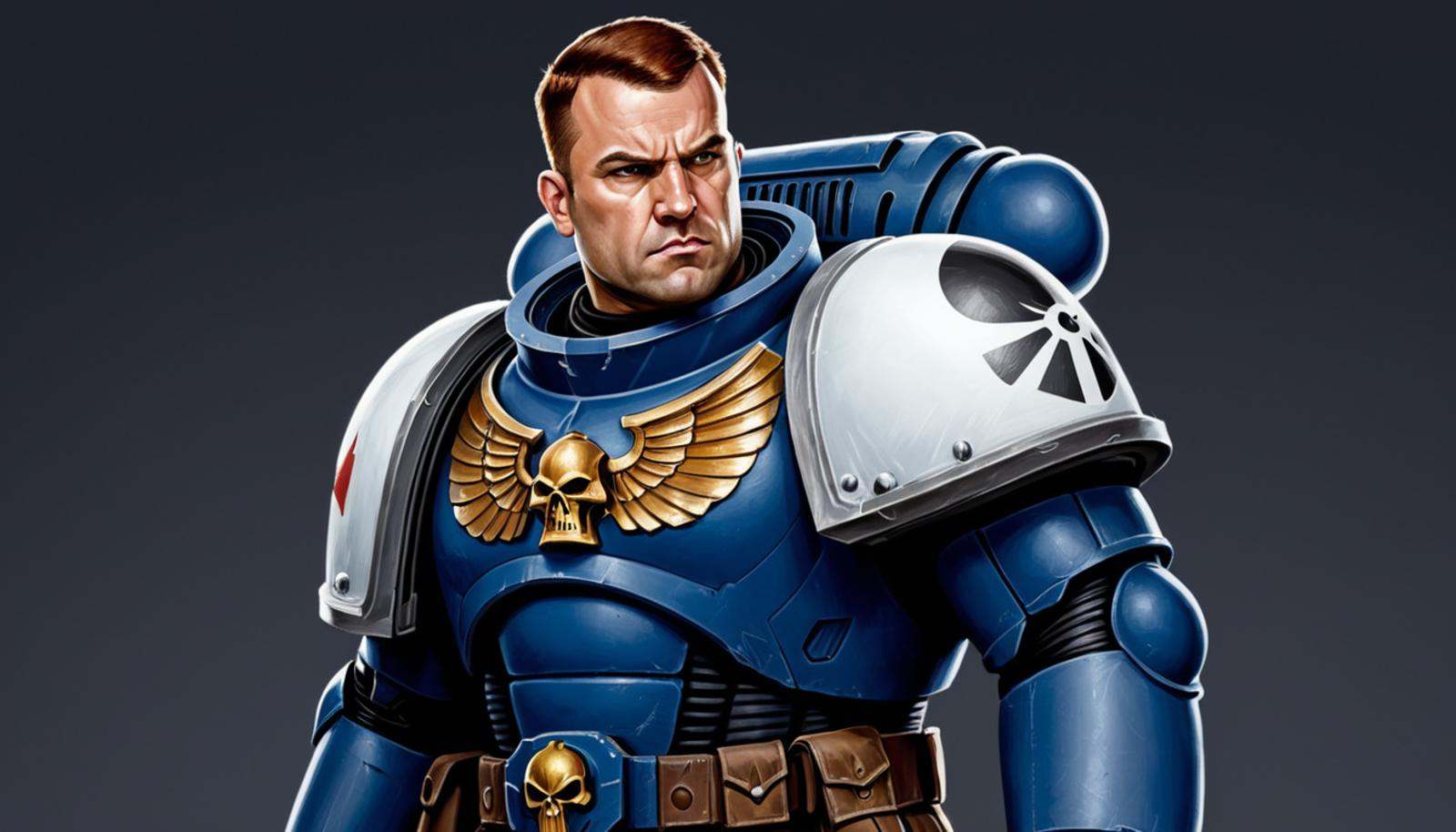 (Digital Illustration),  Space Marine from the Warhammer 40k universe. The painting is in a portrait style with a simple b...