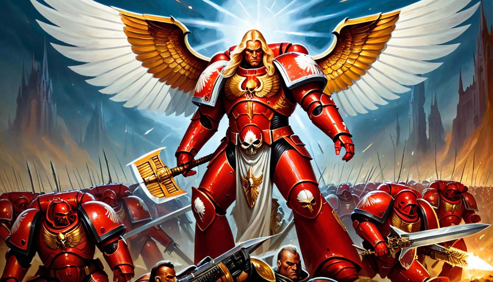 (Digital Illustration),  Sanguinius,  the Primarch of the Blood Angels Space Marines. He is depicted as a tall on Tensor.Art