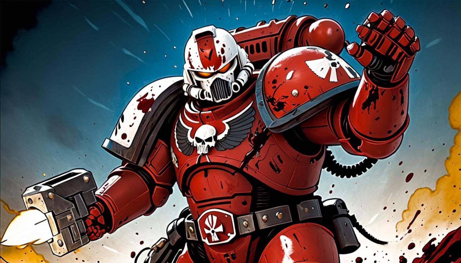 (illustration),  Space Marine from the Flesh Tearers chapter,  red power armor with white helmet on Tensor.Art