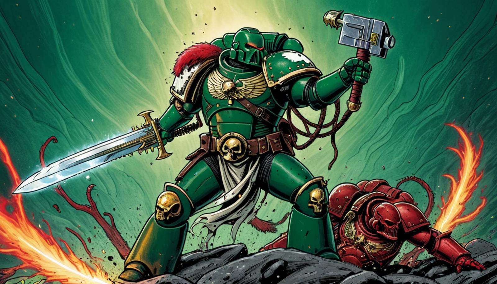 (Digital Illustration),  Salamander Captain in Terminator armor. He is standing in a heroic pose,  his left hand on his hi...