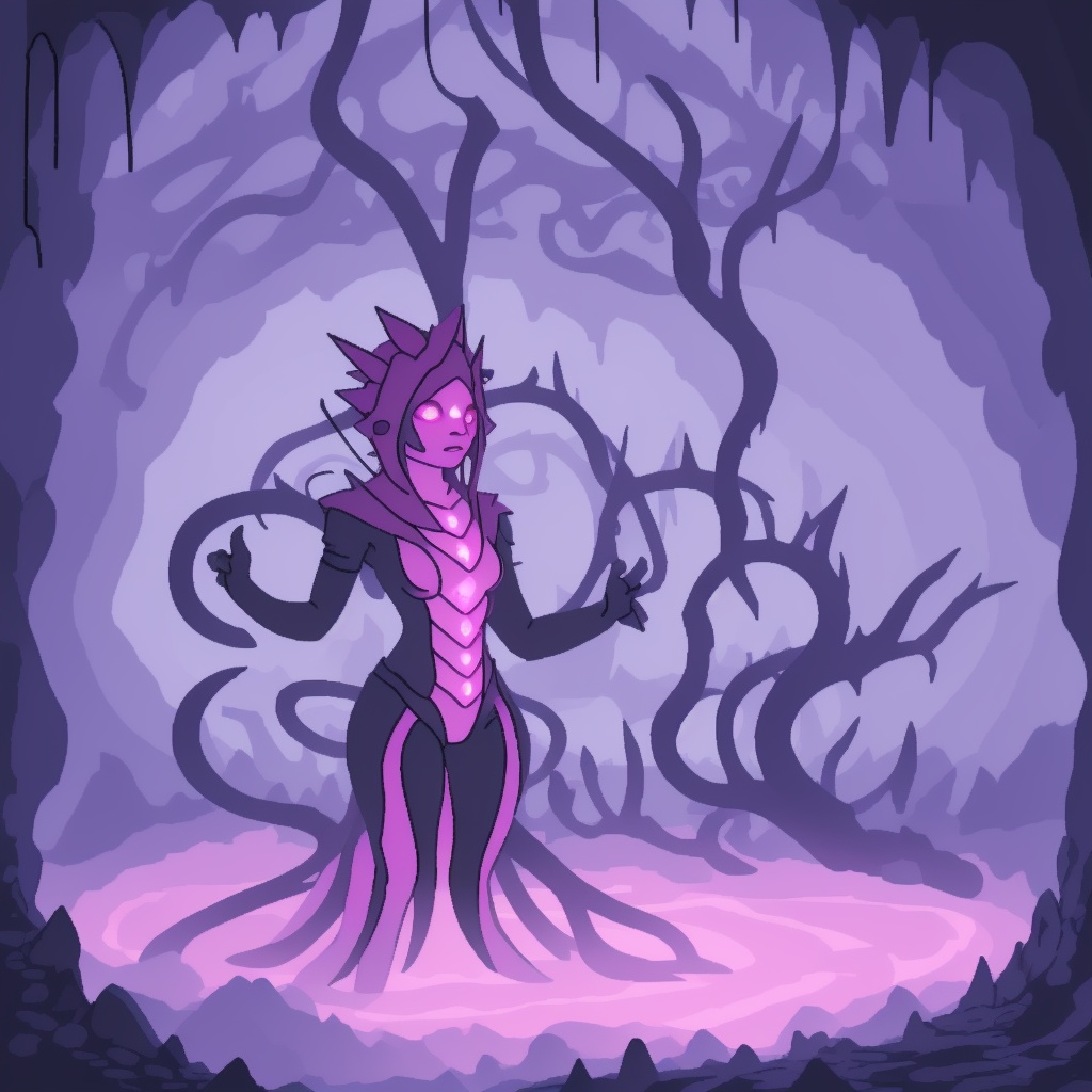 A dark,  eerie cave bathed in a soft,  pulsing pink light. The air is thick with an otherworldly mist on Tensor.Art