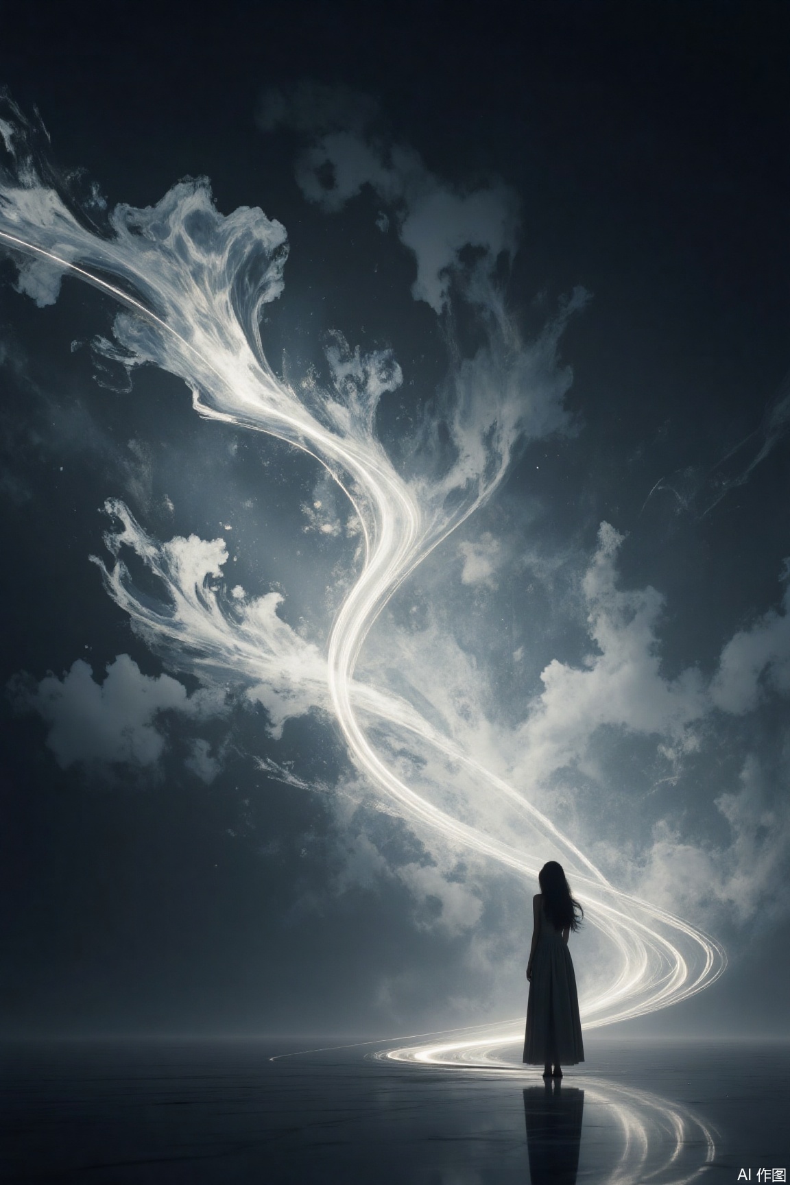 In the dark world, a light - haired woman stands. Light trails wind like memory threads. She lowers her eyes, her figure gently wrapped by light and shadow, with the reflection elongating loneliness. In the interweaving of light and shadow, her silent emotions towards the world are hidden, quiet and profound...jzbj,Mirror-reflective Background,Ink Wash Painting