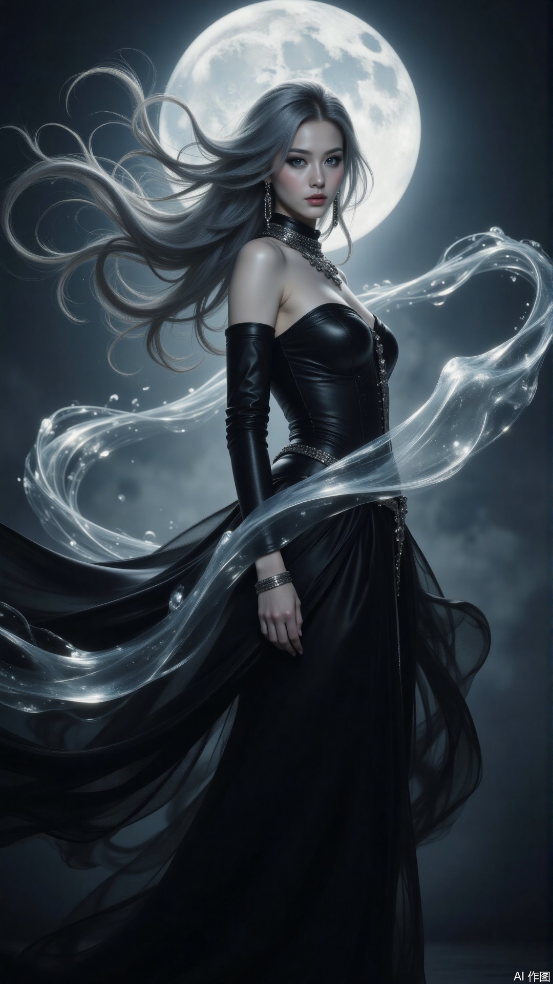 Under the cold moonlight, long hair with silver - gray highlights cascades like a waterfall. Her angular face is sculpted into a stern silhouette by the light and shadow. Ice - blue eyes under smoky makeup seem to hold stars within. She wears a black leather corset dress, and metallic chain decorations glimmer in the light. Flowing light and shadow twine around her slender fingers, casting a fragmented and sharp shadow behind her—mysterious and stunningly cold.
.jzbj,Mirror-reflective Background,xiaowu, 