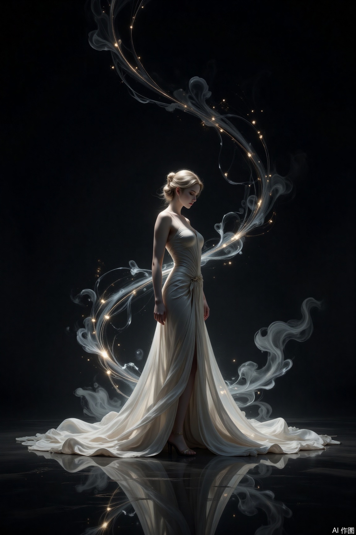In the dark world, a light - haired woman stands. Light trails wind like memory threads. She lowers her eyes, her figure gently wrapped by light and shadow, with the reflection elongating loneliness. In the interweaving of light and shadow, her silent emotions towards the world are hidden, quiet and profound...jzbj,Mirror-reflective Background,Ink Wash Painting
