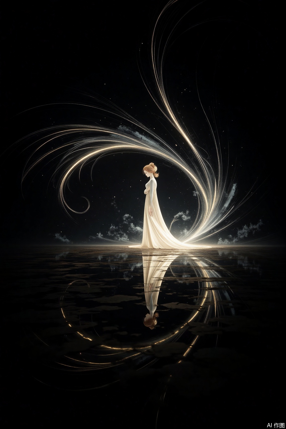 In the dark world, a light - haired woman stands. Light trails wind like memory threads. She lowers her eyes, her figure gently wrapped by light and shadow, with the reflection elongating loneliness. In the interweaving of light and shadow, her silent emotions towards the world are hidden, quiet and profound...jzbj,Mirror-reflective Background,Ink Wash Painting
