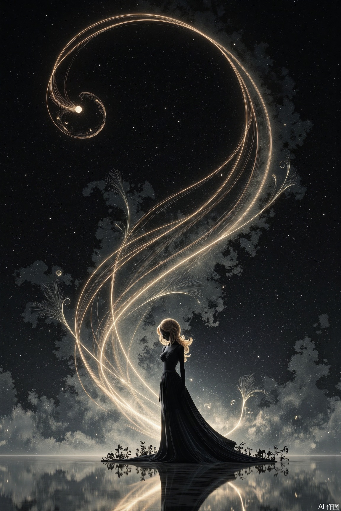 In the dark world, a light - haired woman stands. Light trails wind like memory threads. She lowers her eyes, her figure gently wrapped by light and shadow, with the reflection elongating loneliness. In the interweaving of light and shadow, her silent emotions towards the world are hidden, quiet and profound...jzbj,Mirror-reflective Background,Ink Wash Painting