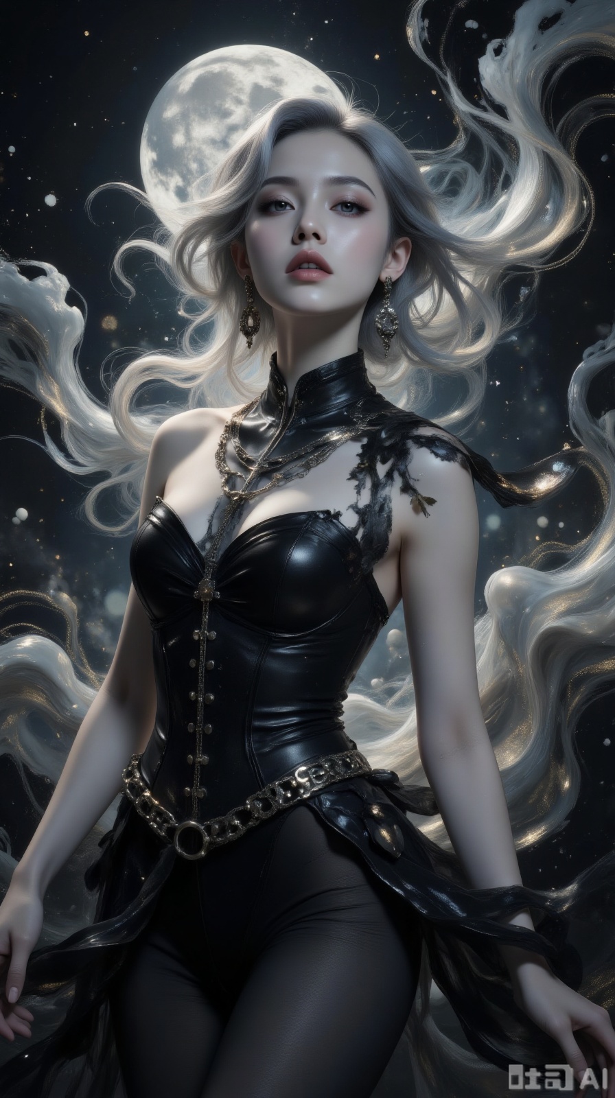 Under the cold moonlight, long hair with silver - gray highlights cascades like a waterfall. Her angular face is sculpted into a stern silhouette by the light and shadow. Ice - blue eyes under smoky makeup seem to hold stars within. She wears a black leather corset dress, and metallic chain decorations glimmer in the light. Flowing light and shadow twine around her slender fingers, casting a fragmented and sharp shadow behind her—mysterious and stunningly cold.
.jzbj,Mirror-reflective Background,xiaowu,Ink Wash Painting,Fluid Art,black shiny pantyhose,surrealism