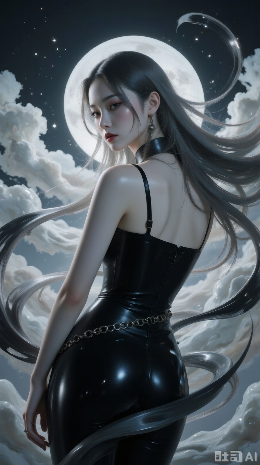 Under the cold moonlight, long hair with silver - gray highlights cascades like a waterfall. Her angular face is sculpted into a stern silhouette by the light and shadow. Ice - blue eyes under smoky makeup seem to hold stars within. She wears a black leather corset dress, and metallic chain decorations glimmer in the light. Flowing light and shadow twine around her slender fingers, casting a fragmented and sharp shadow behind her—mysterious and stunningly cold.
.jzbj,Mirror-reflective Background,xiaowu,Ink Wash Painting,Fluid Art