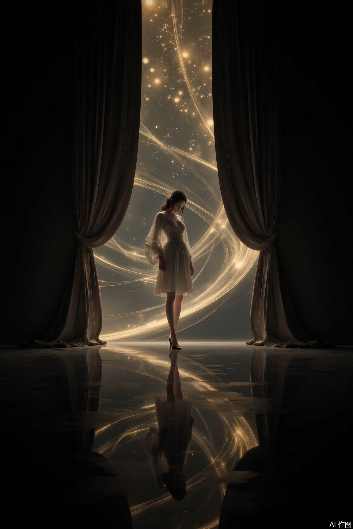 The composition is symmetric, placing the woman at the absolute center, like the only star in the dark universe. Diagonally falling light shrouds her like a golden dome, with darkness spreading like curtains on both sides. The reflection at her feet forms a triangle with her body, enhancing the sense of loneliness. Winding light trails echo her downcast eyes, and within the interweaving of light and shadow, wordless emotions are fully revealed...jzbj,Mirror-reflective Background,Ink Wash Painting