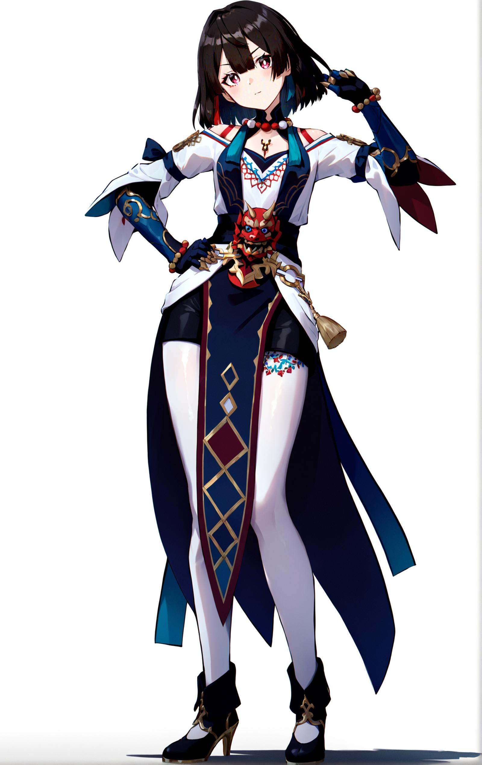 8k, best quality, masterpiece, (ultra-detailed:1.1), (high detailed skin), art by komone_ushio, komone_ushio, art by komone ushio, artist:komone ushio, (full body), (white background:1.2), standing, looking at viewer, (solo:1.2), hand on hip, 1girl, <lora:hanxue-kohaku-Tanger-000011:0.7>, xueyi, xueyi's def clothes, 1girl, black footwear, short hair, (beautiful_face), ((intricate_detail)), clear face, ((finely_detailed)), fine_fabric_emphasis, ((glossy)), full_shot, 