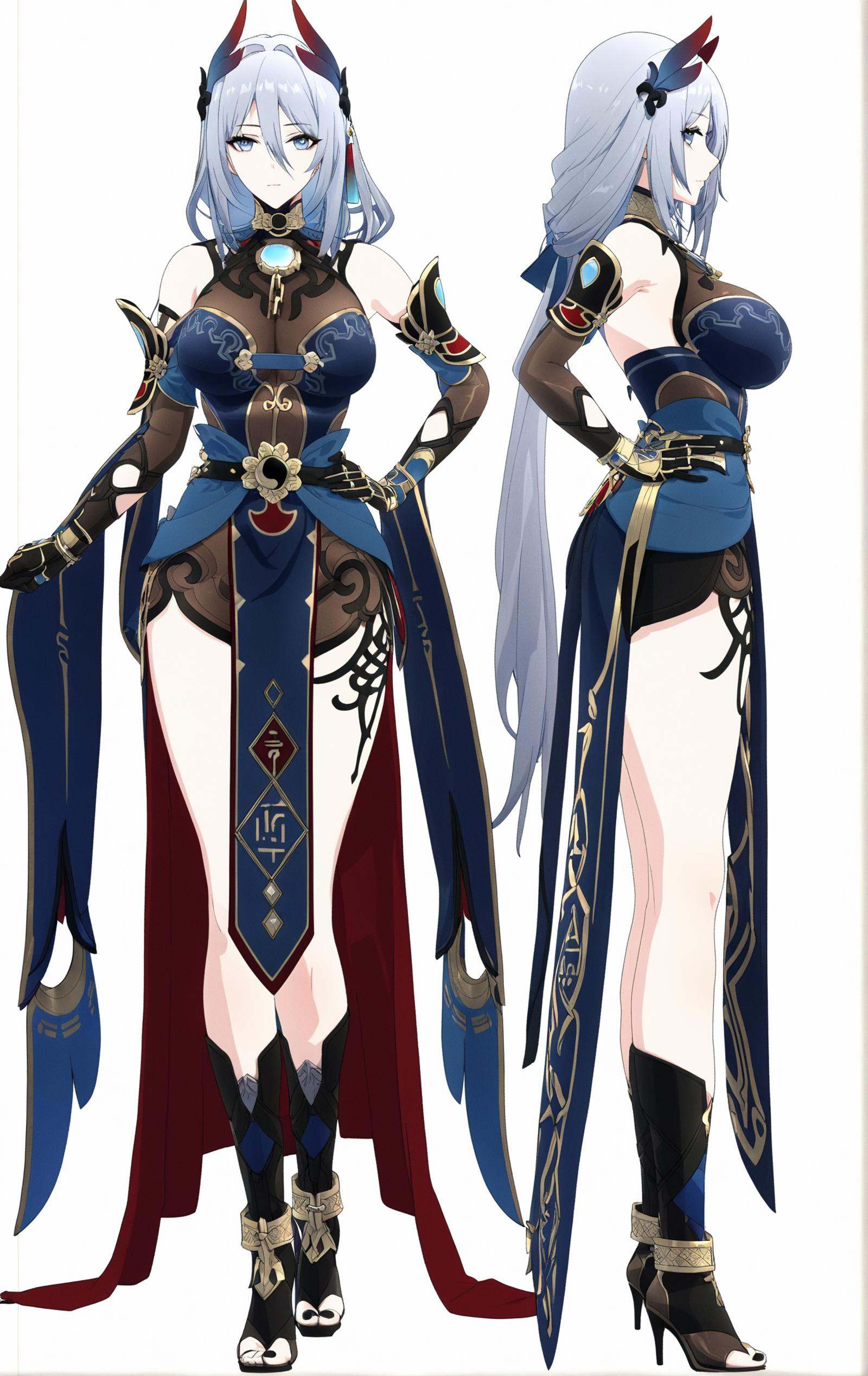 8k, best quality, masterpiece, (ultra-detailed:1.1), (high detailed skin), (full body), white background, standing, looking at viewer, (solo), hand on hip, <lora:hanxue-kohaku-Tanger-000011:0.7>, hanya, hanya's def clothes, 1girl, breasts, high heels, long hair, toeless footwear, (beautiful_face), ((intricate_detail)), clear face, ((finely_detailed)), fine_fabric_emphasis, ((glossy)), full_shot, 