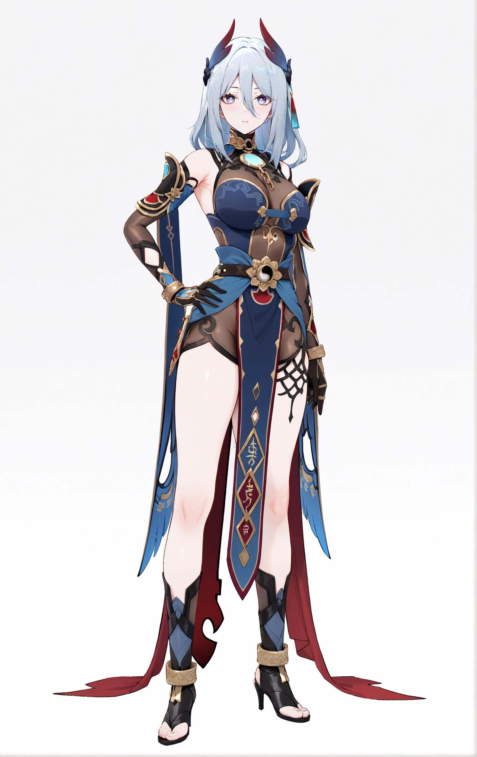 8k, best quality, masterpiece, (ultra-detailed:1.1), (high detailed skin), art by komone_ushio, komone_ushio, art by komone ushio, artist:komone ushio, (full body), white background, standing, looking at viewer, (solo:1.2), hand on hip, 1girl, <lora:hanxue-kohaku-Tanger-000011:0.7>, hanya, hanya's def clothes, 1girl, breasts, high heels, long hair, toeless footwear, (beautiful_face), ((intricate_detail)), clear face, ((finely_detailed)), fine_fabric_emphasis, ((glossy)), full_shot, 